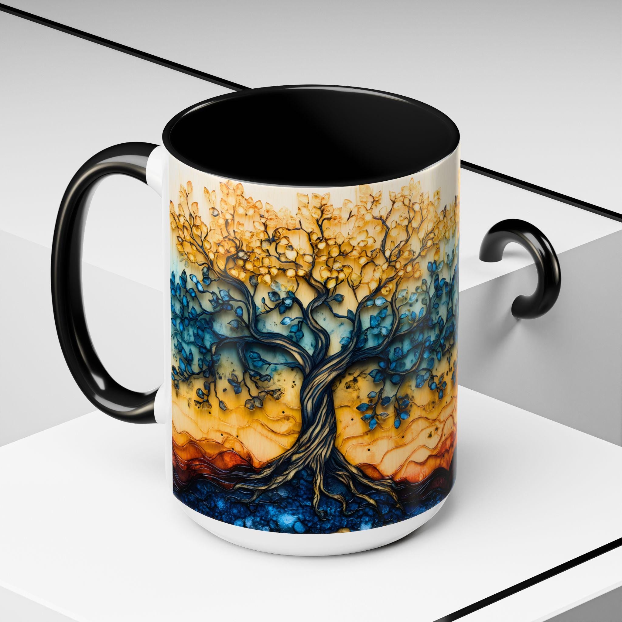 Tree of Life Ceramic Mug 15oz Boho Leaf Design Coffee Cup