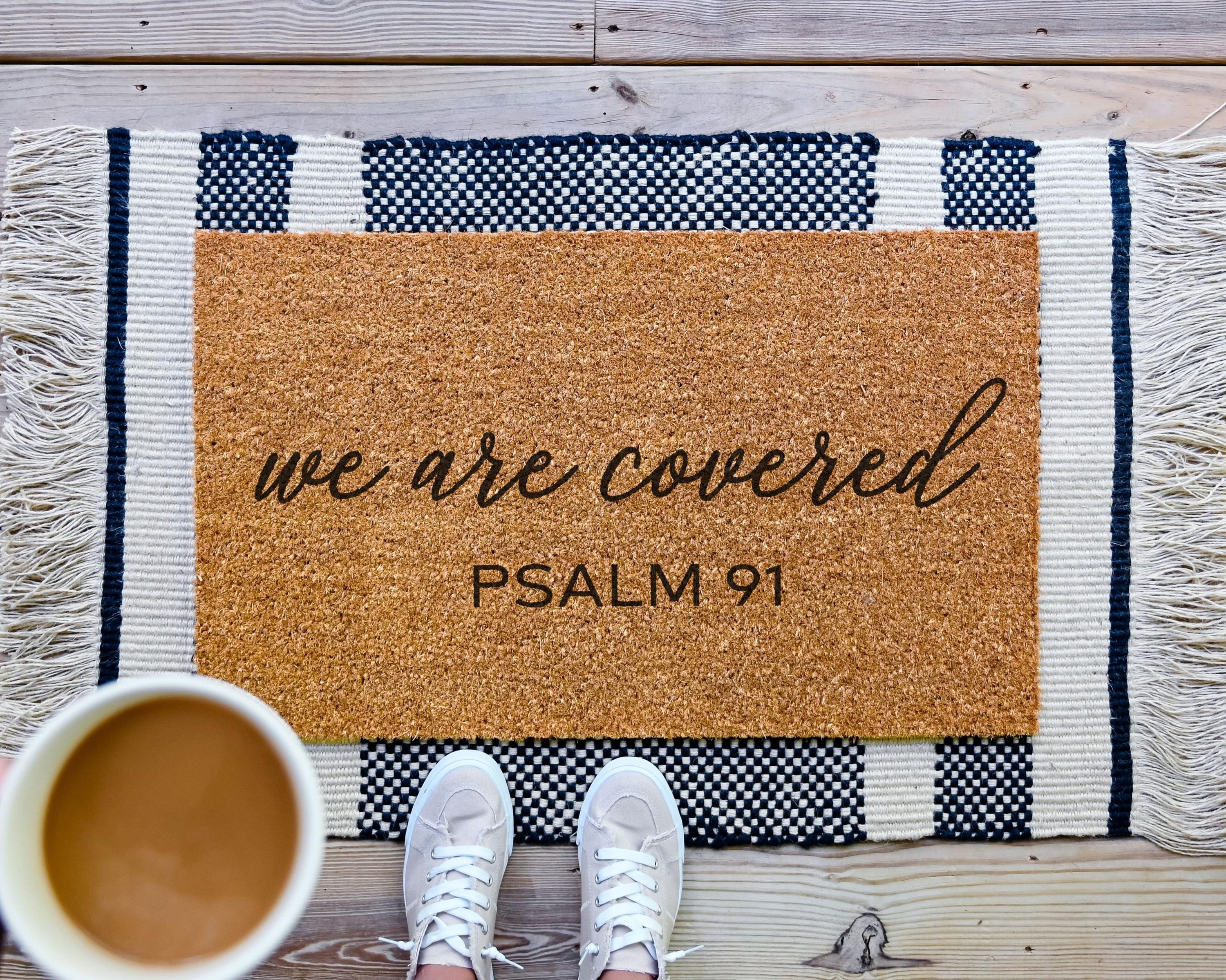HamlinRowShop We Are Covered Bible Verse Coir Doormat Psalm 91