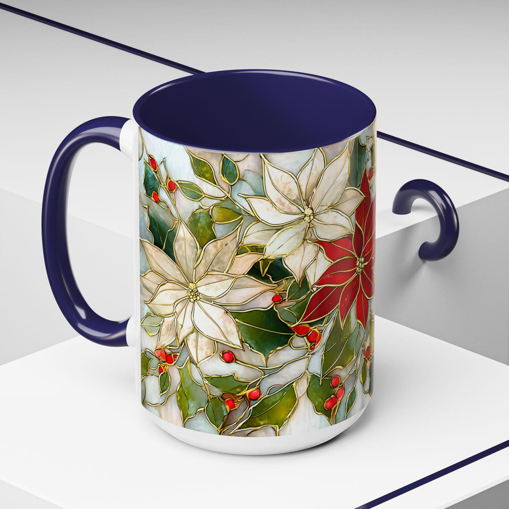 Christmas Mug Poinsettia Holly Leaves Stained Glass Effect Ceramic Cup 15oz
