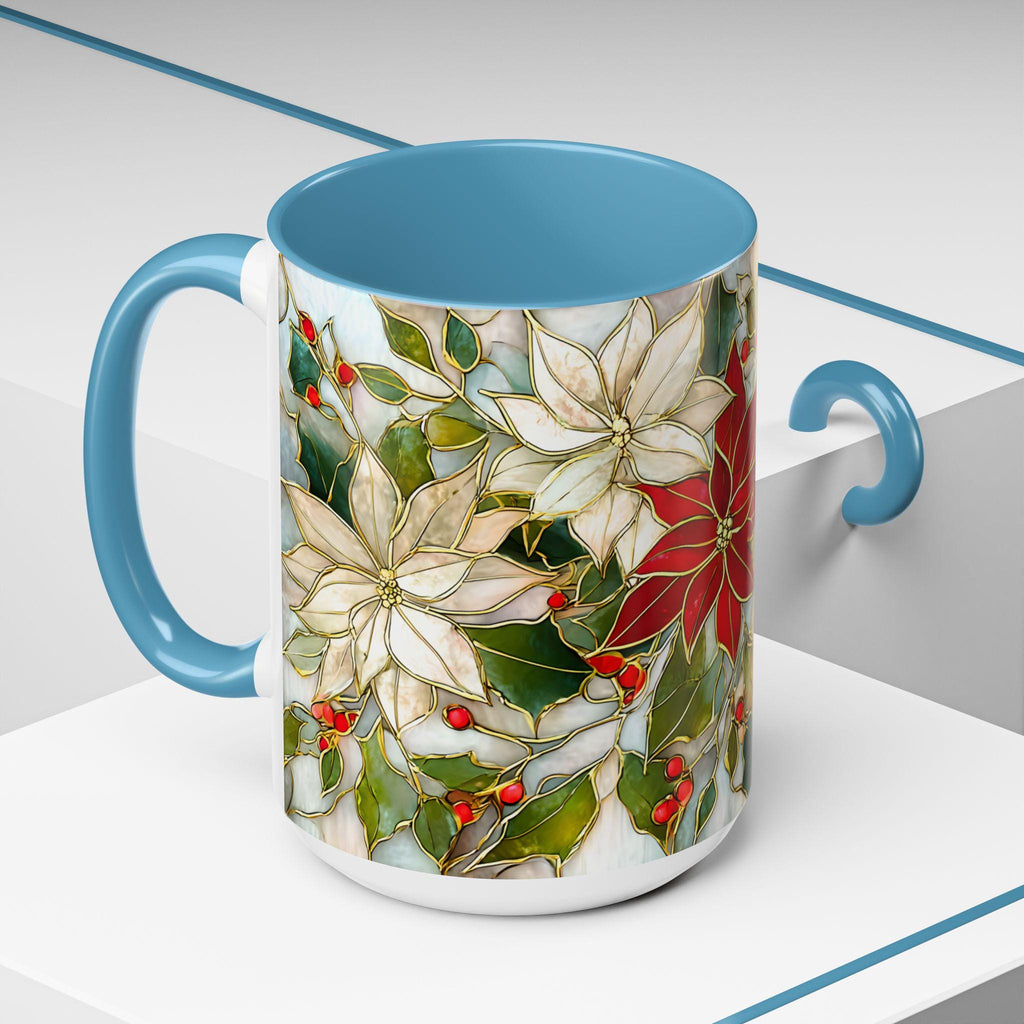 Christmas Mug Poinsettia Holly Leaves Stained Glass Effect Ceramic Cup 15oz