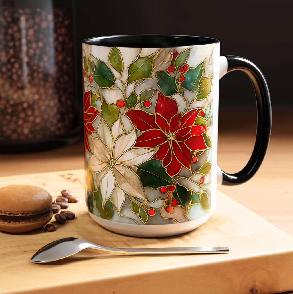 Christmas Mug Poinsettia Holly Leaves Stained Glass Effect Ceramic Cup 15oz