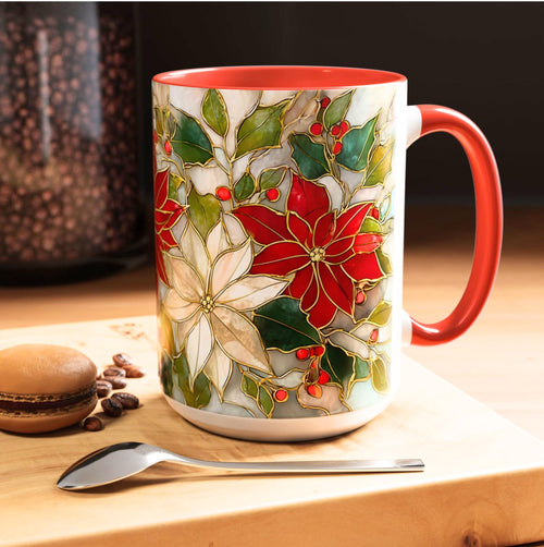 Christmas Mug Poinsettia Holly Leaves Stained Glass Effect Ceramic Cup 15oz