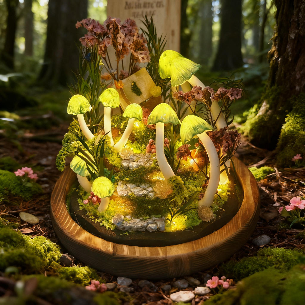 StarlitCarat Mushroom Night Light LED Table Lamp 6.3in Wood/Clay/Glass