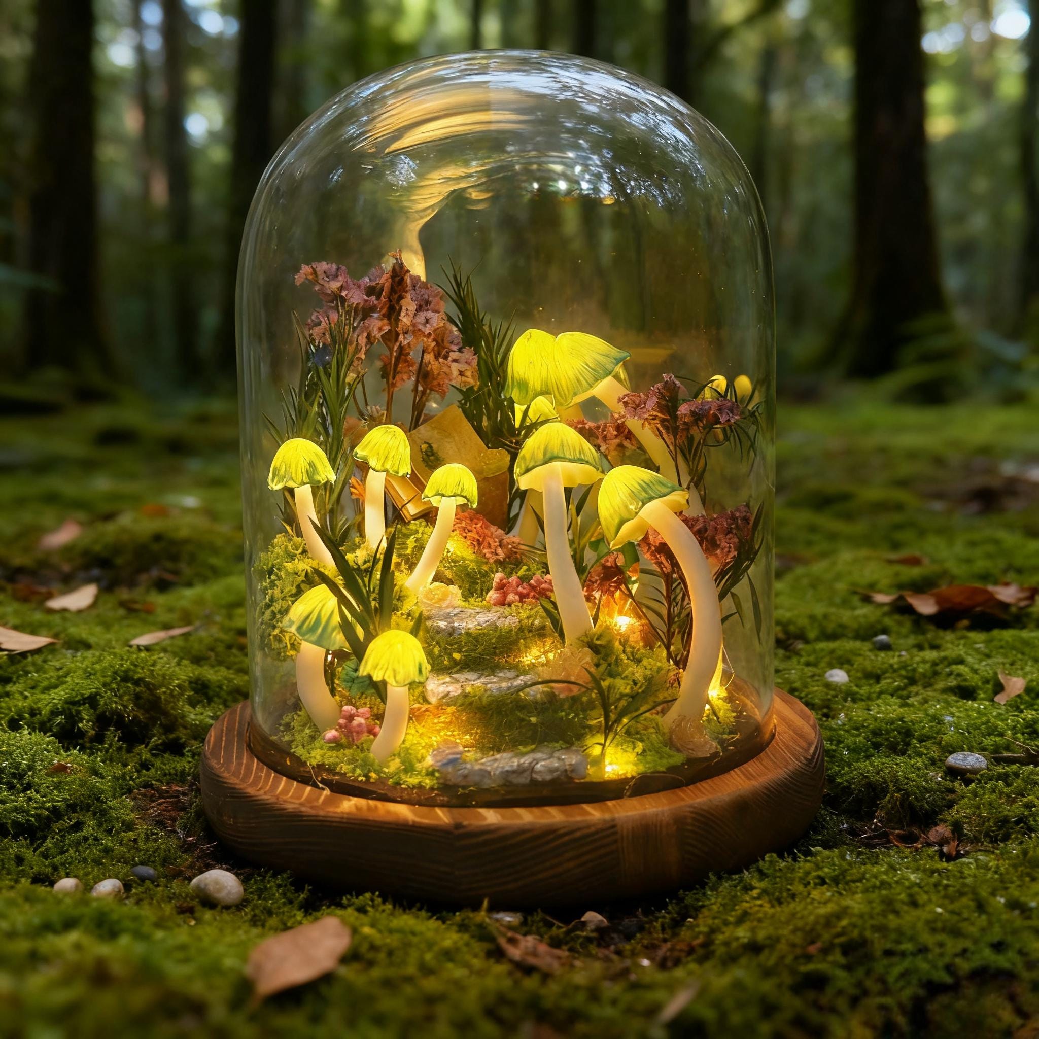 StarlitCarat Mushroom Night Light LED Table Lamp 6.3in Wood/Clay/Glass