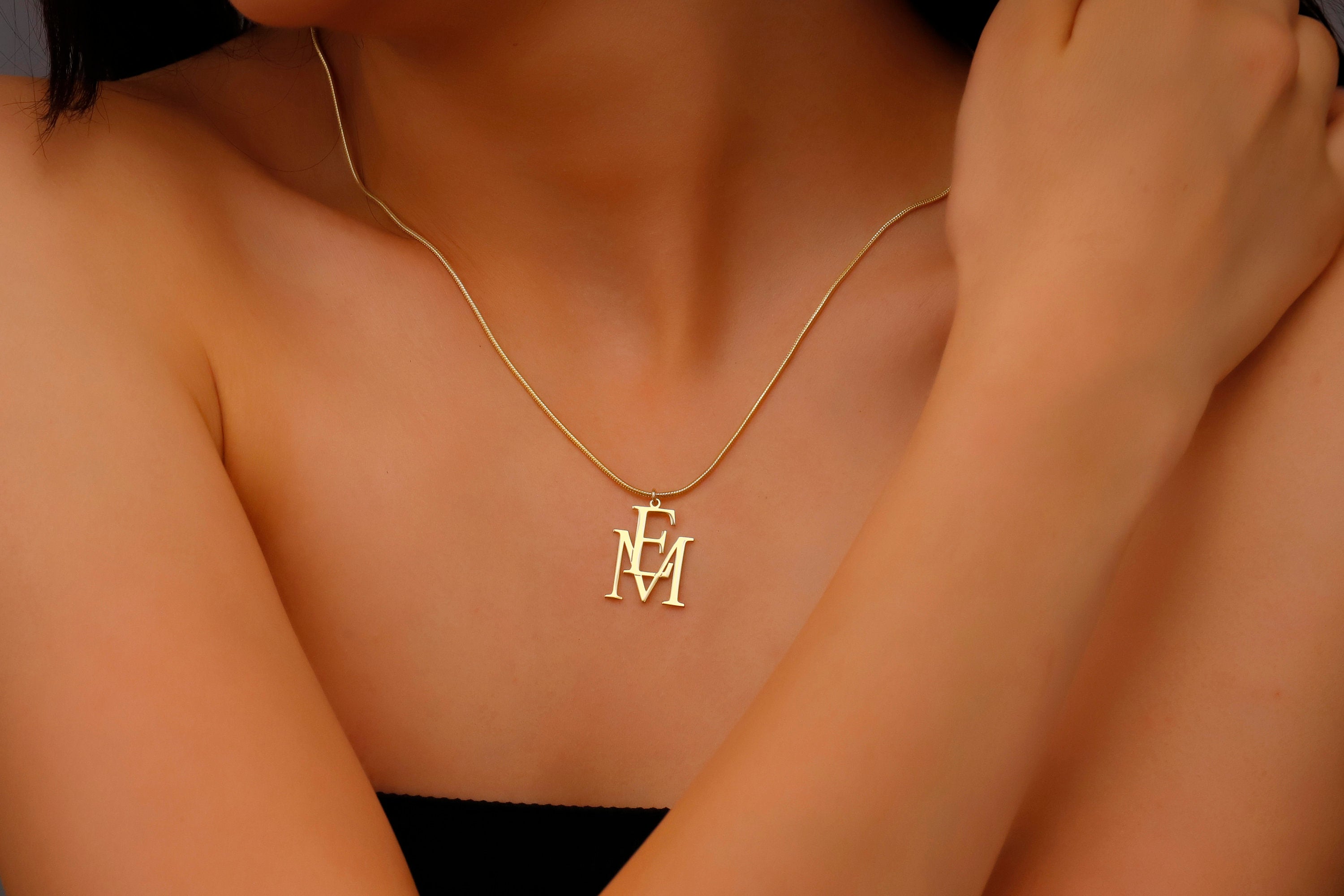 SilverGoldandRose Interlocking Initials Custom Monogram Necklace Brass