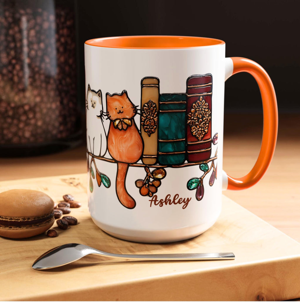 LELORESTORE Bookish Cat Mug Faux Stained Glass Bookshelf Ceramic