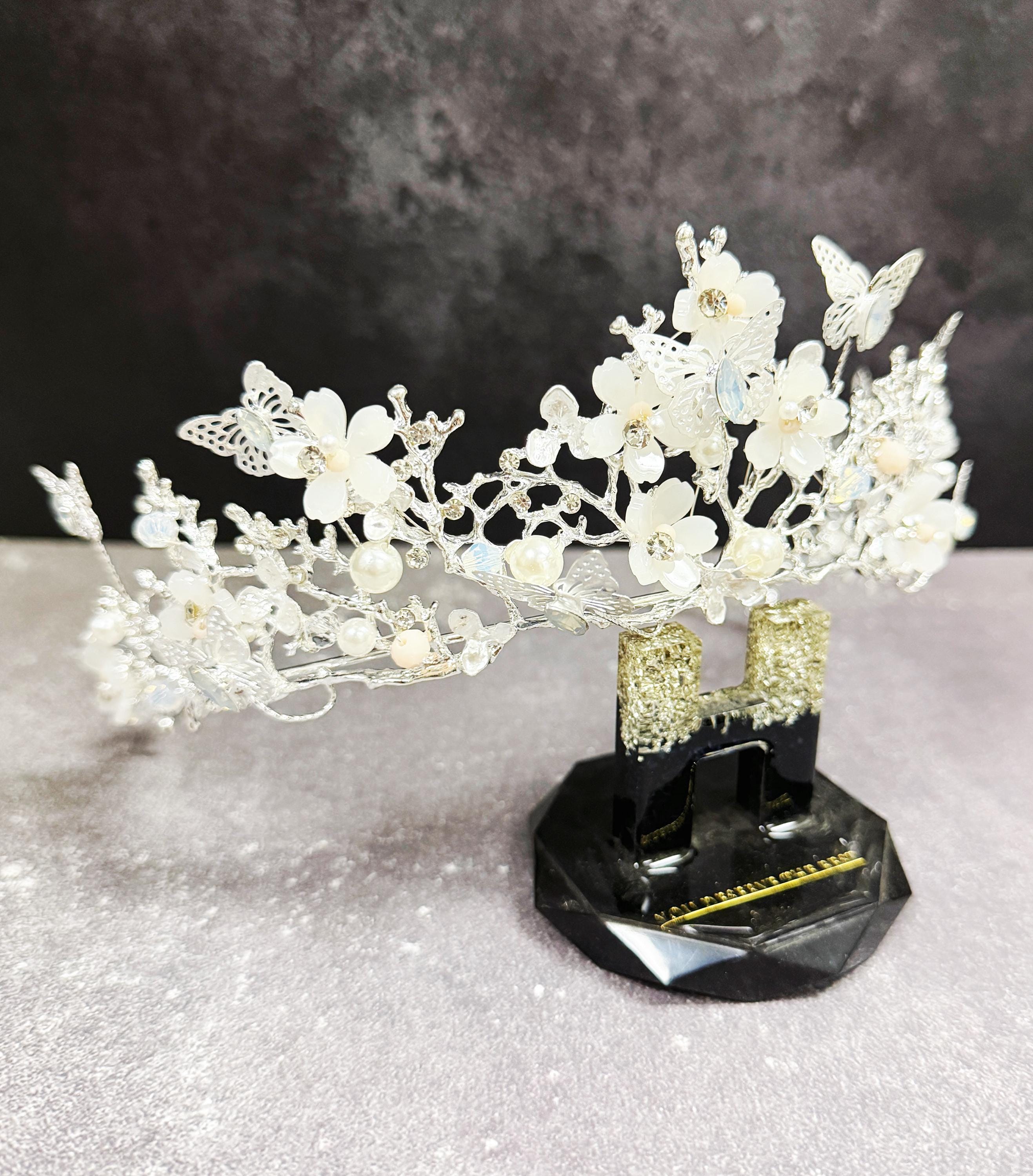 HappyJewelryWorld Silver Butterfly Pearl Crystal Tiara Crown