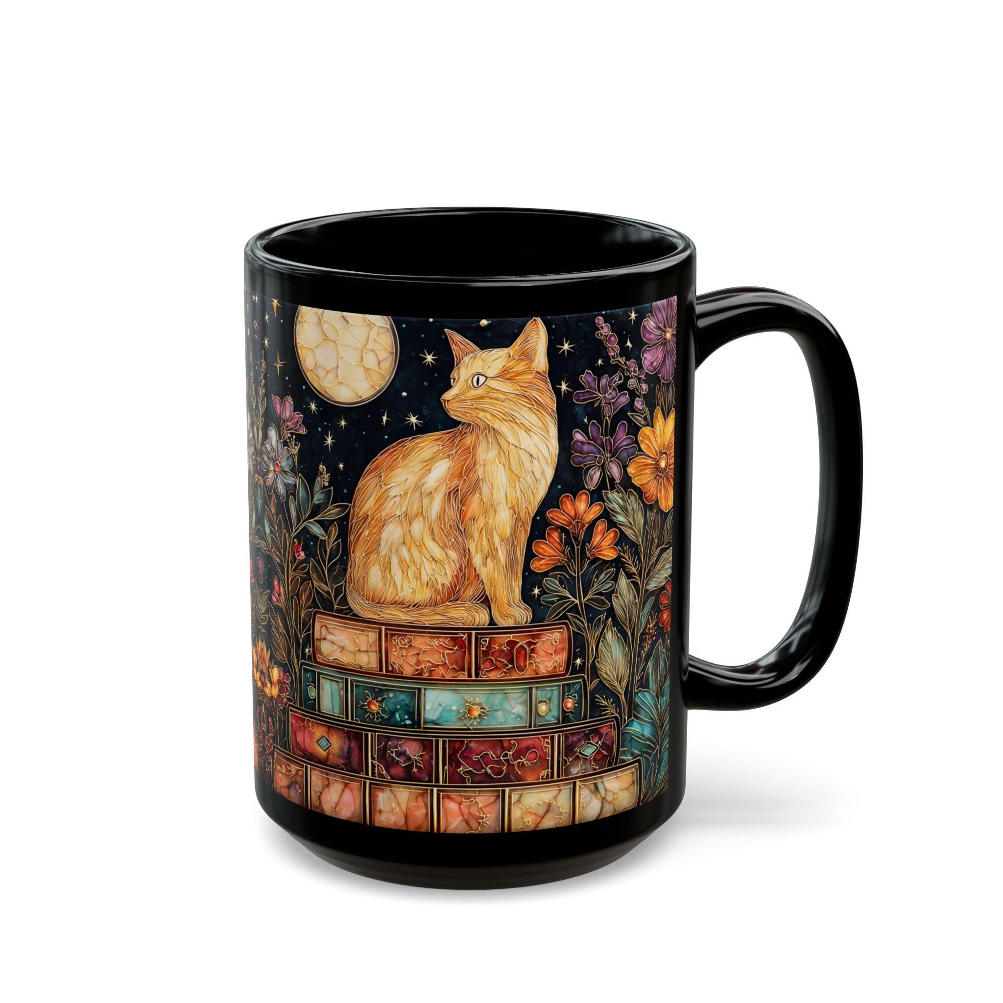 Bookshelf Cat Stained Glass Style Ceramic Mug