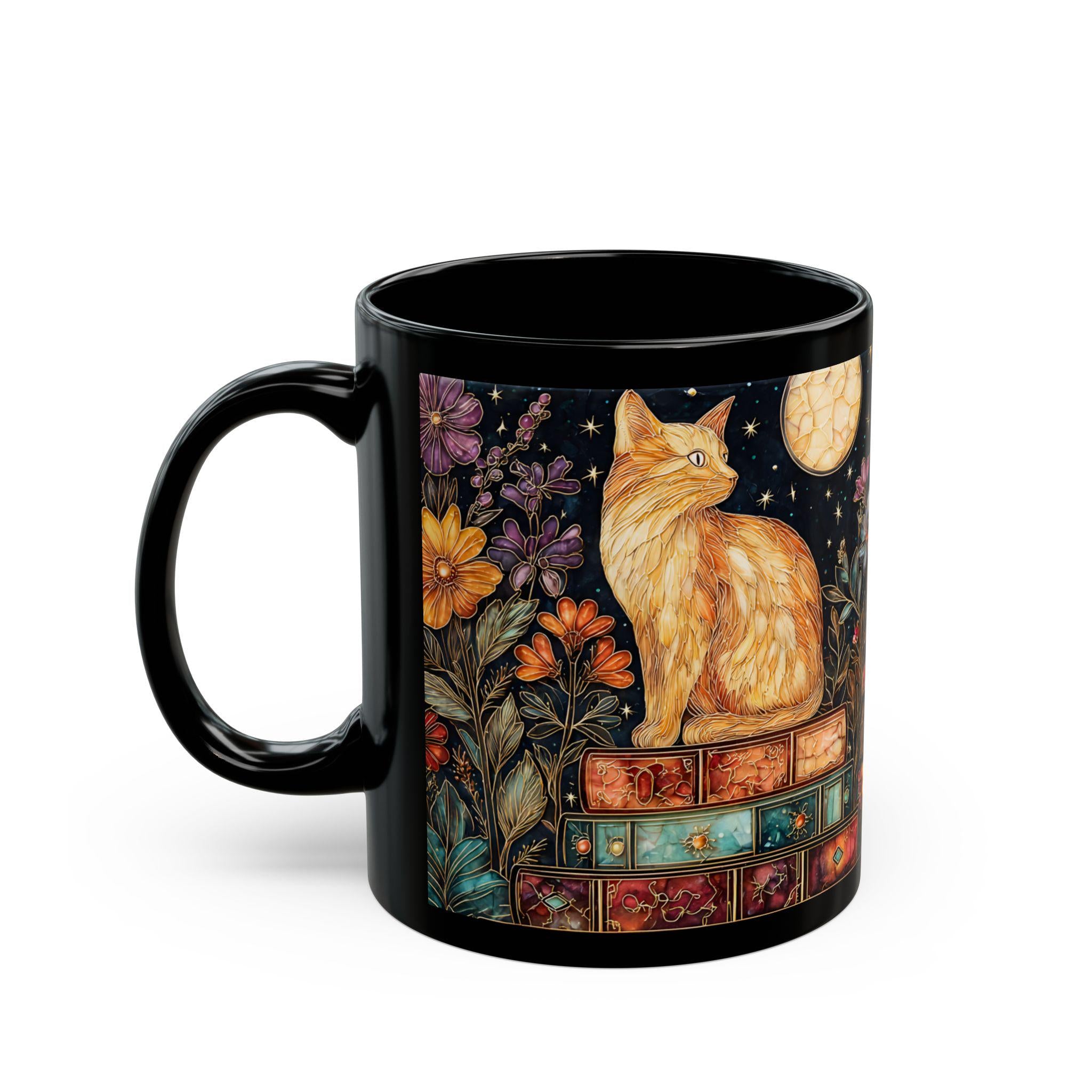 Bookshelf Cat Stained Glass Style Ceramic Mug