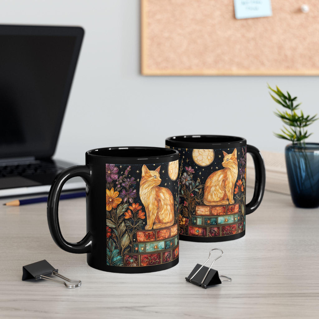 Bookshelf Cat Stained Glass Style Ceramic Mug