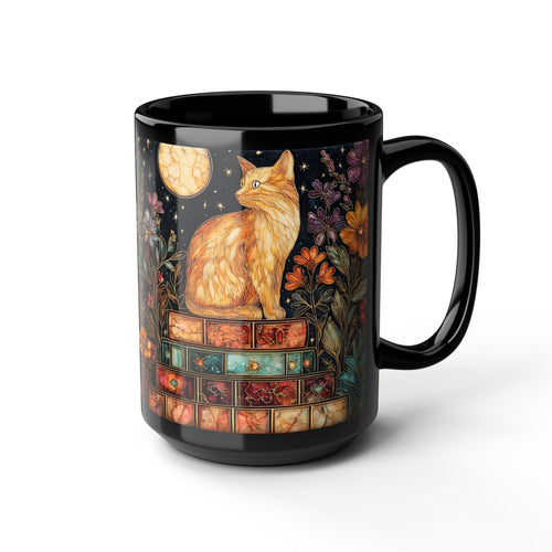 Bookshelf Cat Stained Glass Style Ceramic Mug