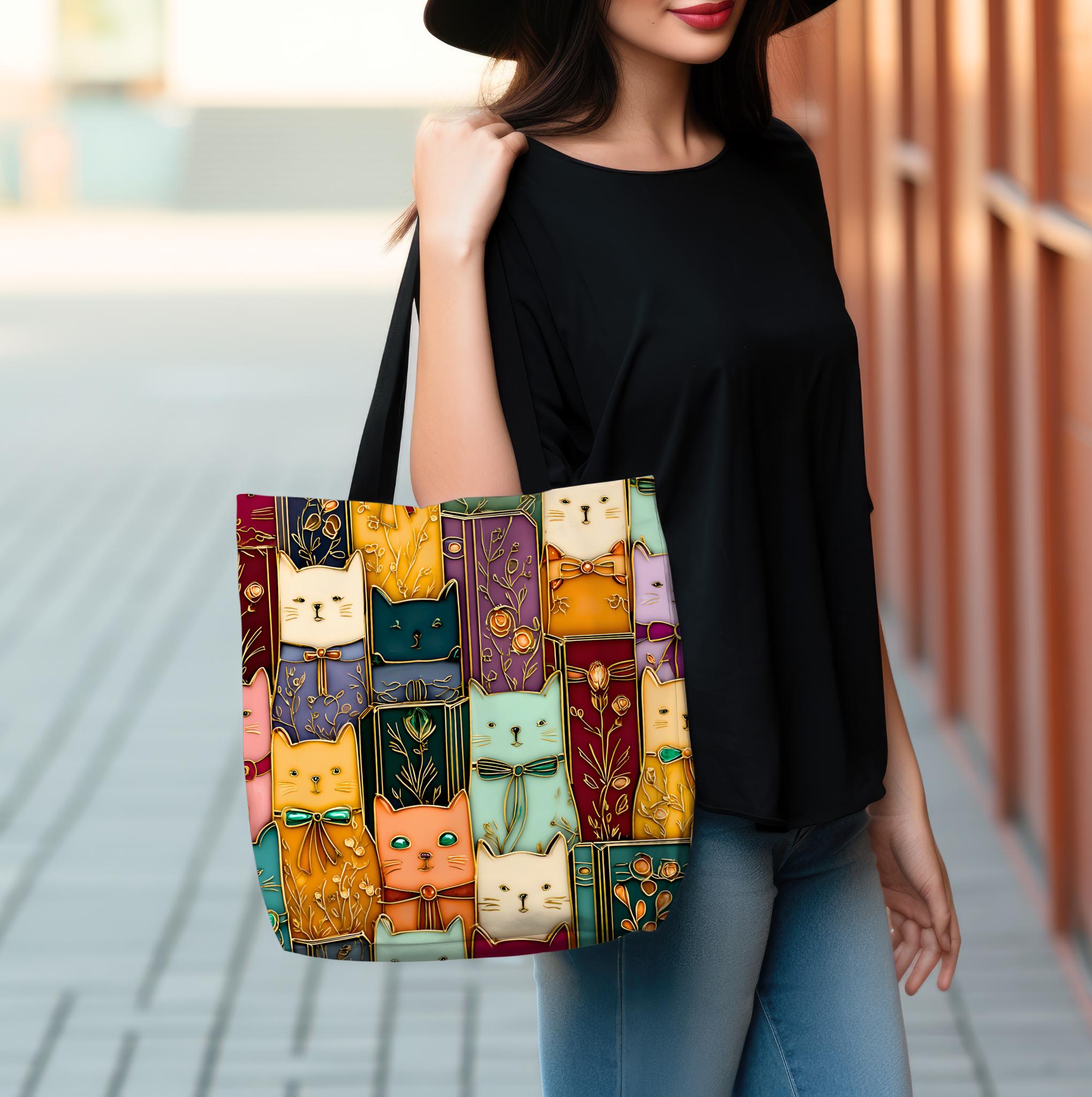 LELORESTORE Stained Glass Cat Tote Bag Book Lover Canvas