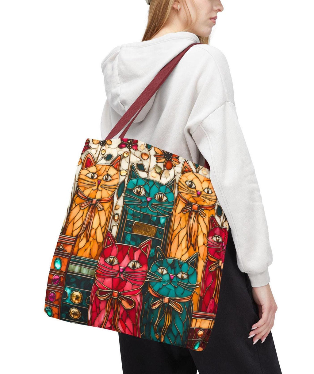 Whimsical Cat Stained Glass Inspired Canvas Tote Bag for Book Lovers