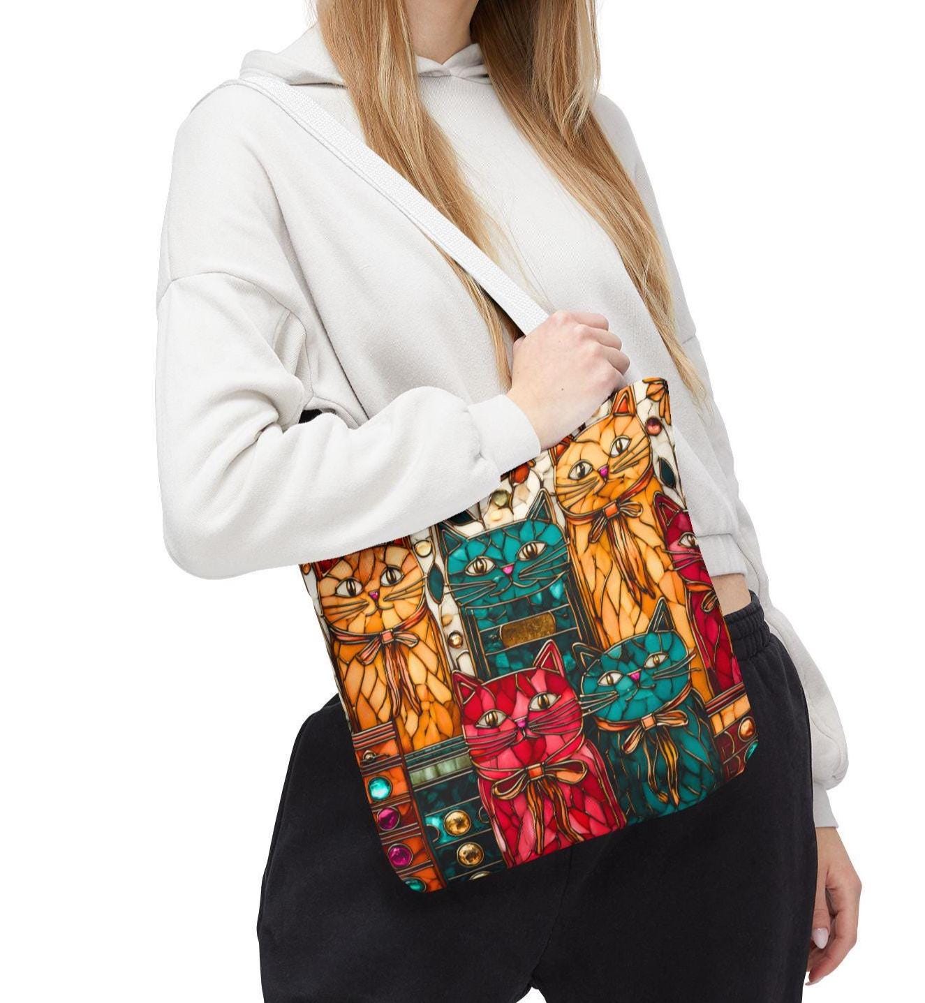 Whimsical Cat Stained Glass Inspired Canvas Tote Bag for Book Lovers