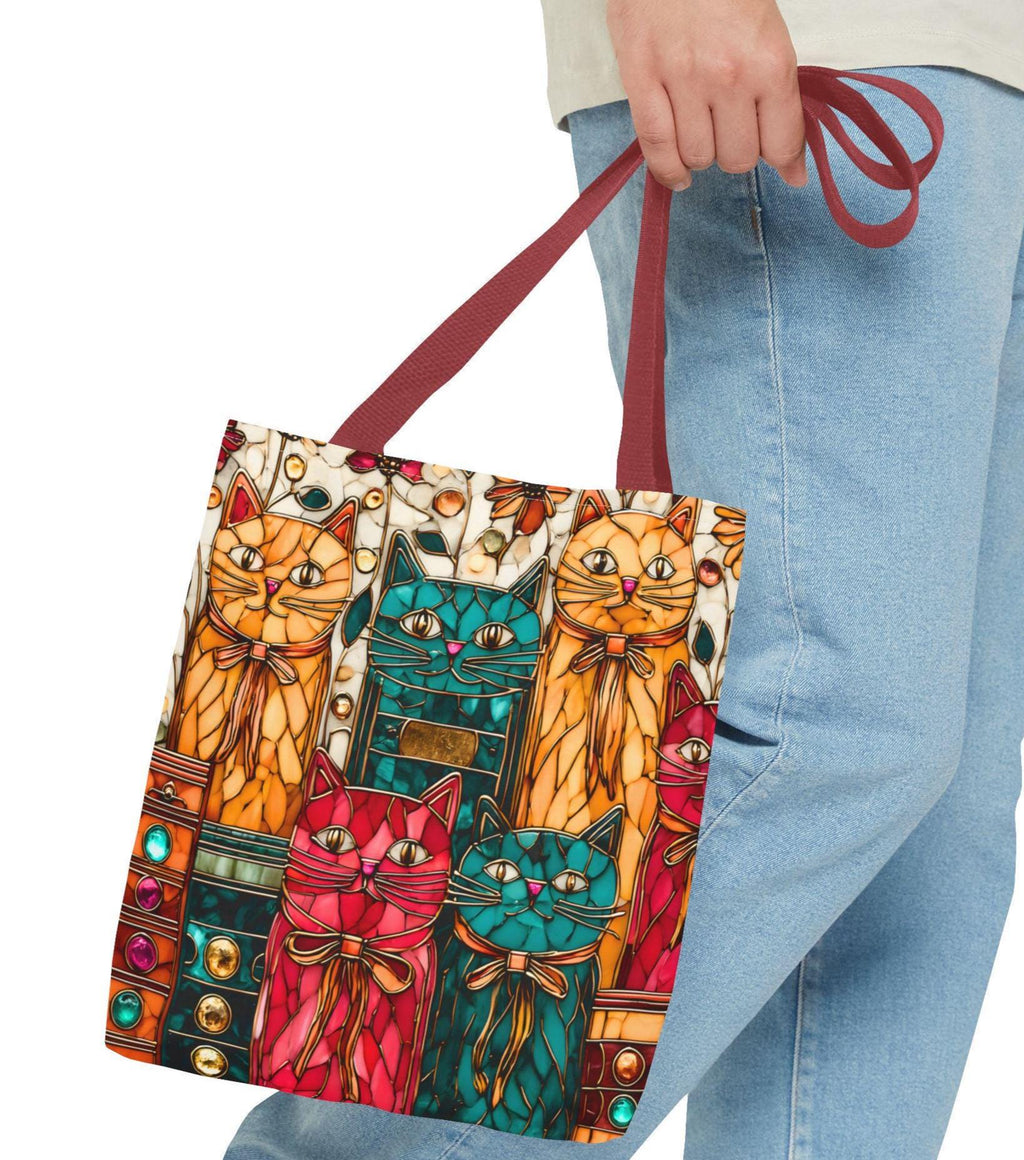 Whimsical Cat Stained Glass Inspired Canvas Tote Bag for Book Lovers