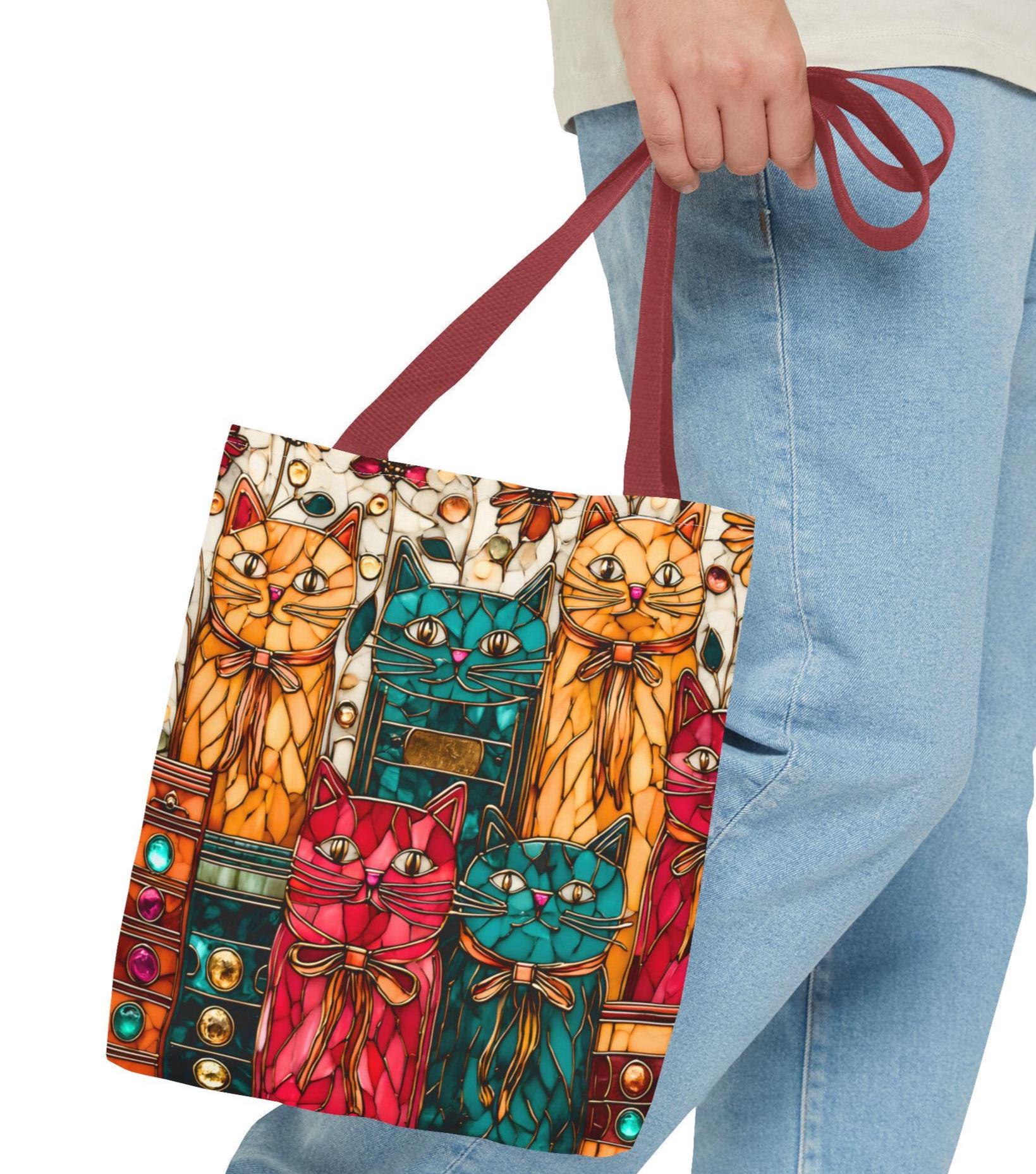 Whimsical Cat Stained Glass Inspired Canvas Tote Bag for Book Lovers