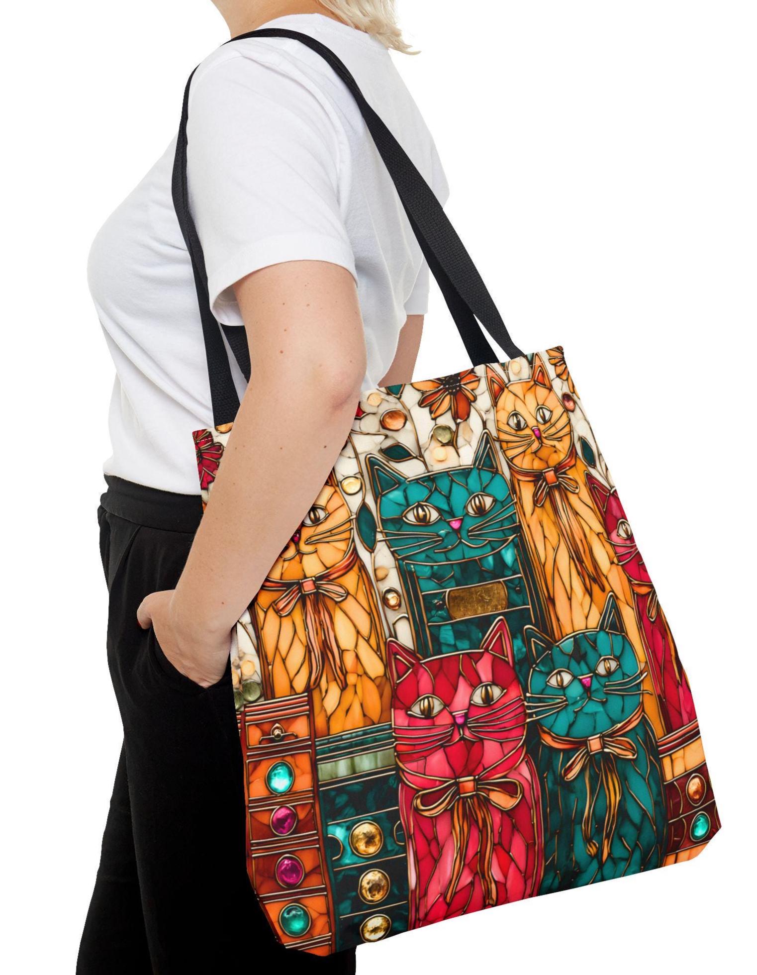 Whimsical Cat Stained Glass Inspired Canvas Tote Bag for Book Lovers