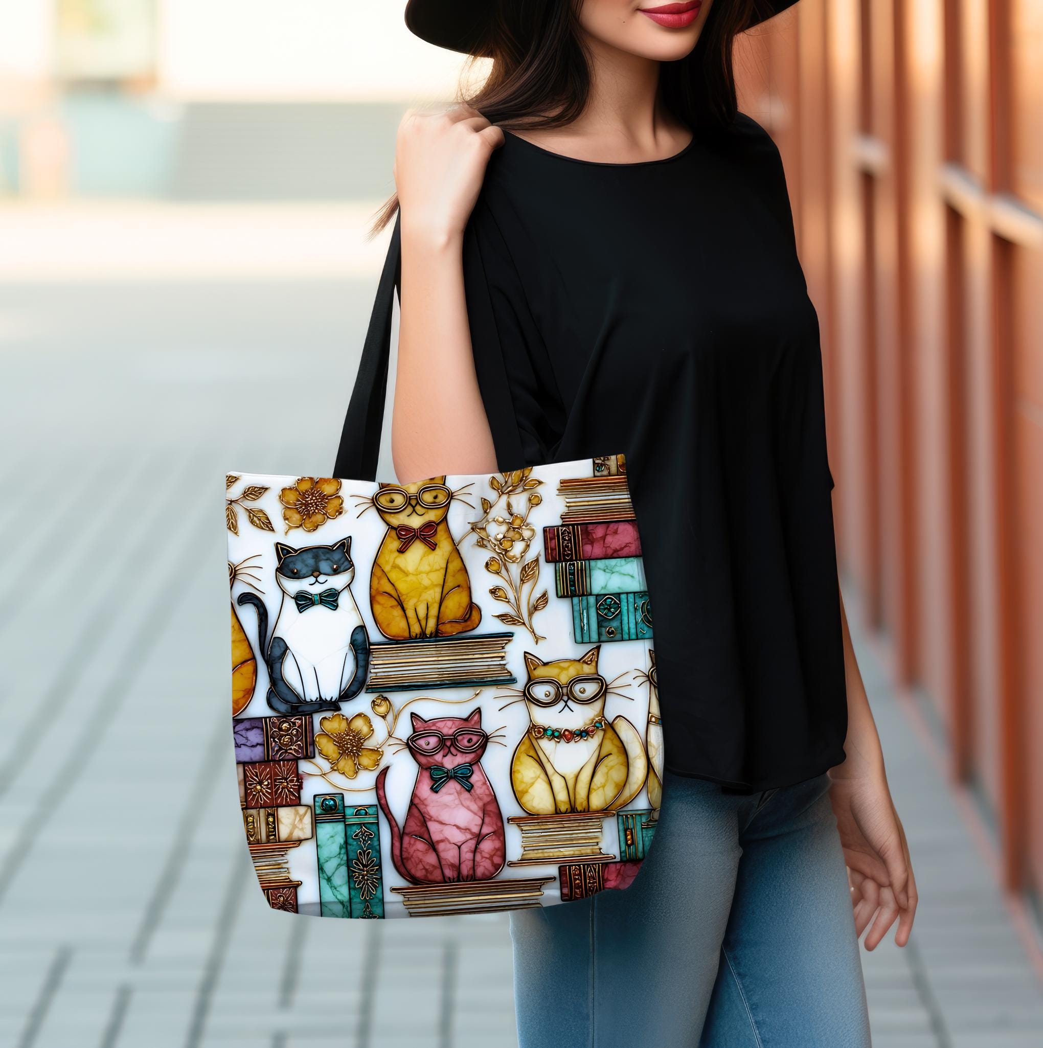 LELORESTORE Feline Stained Glass Look Canvas Tote Bag Bookish Gift