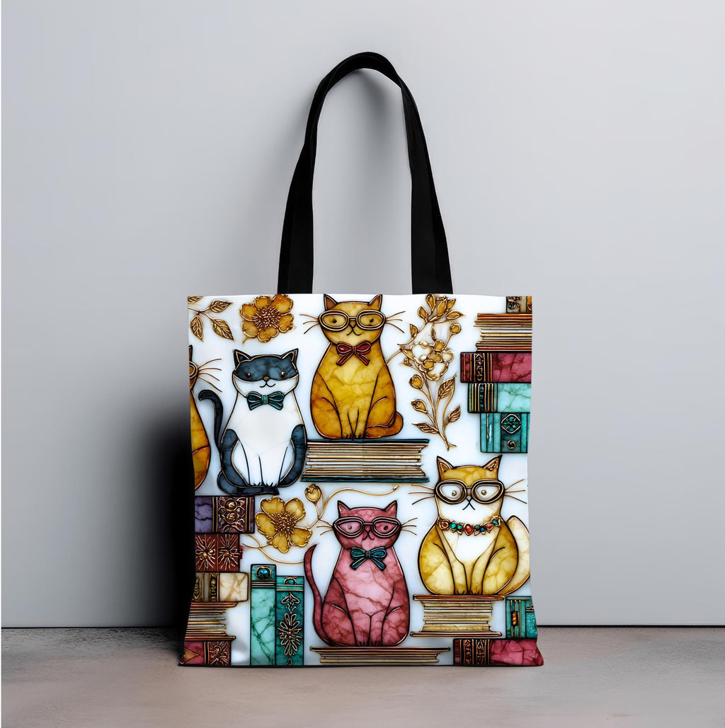 LELORESTORE Feline Stained Glass Look Canvas Tote Bag Bookish Gift