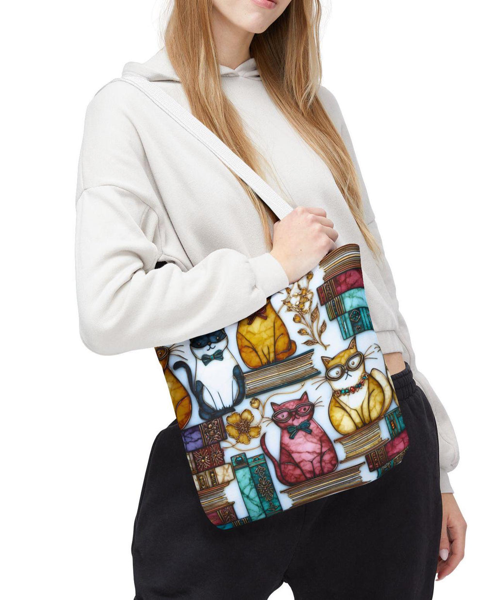 LELORESTORE Feline Stained Glass Look Canvas Tote Bag Bookish Gift