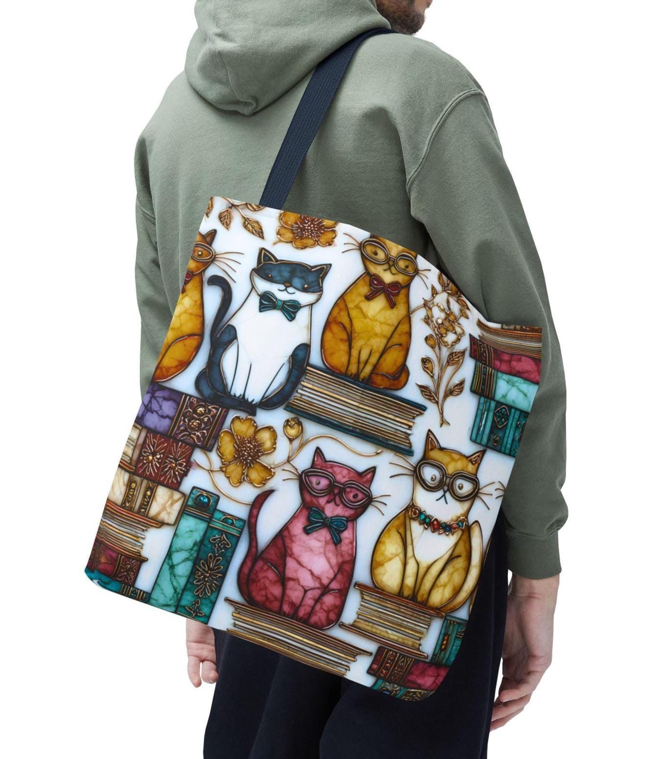 LELORESTORE Feline Stained Glass Look Canvas Tote Bag Bookish Gift