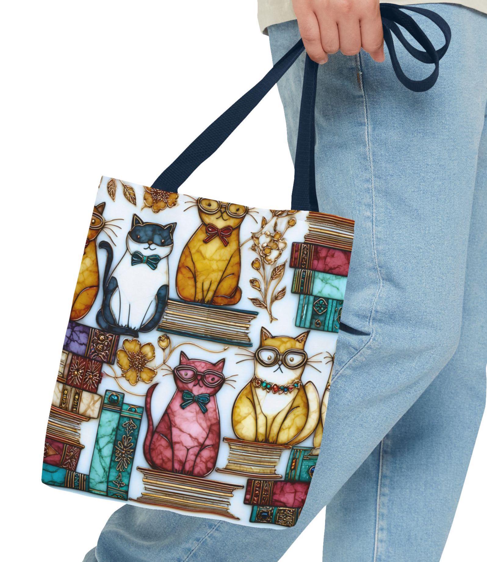 LELORESTORE Feline Stained Glass Look Canvas Tote Bag Bookish Gift