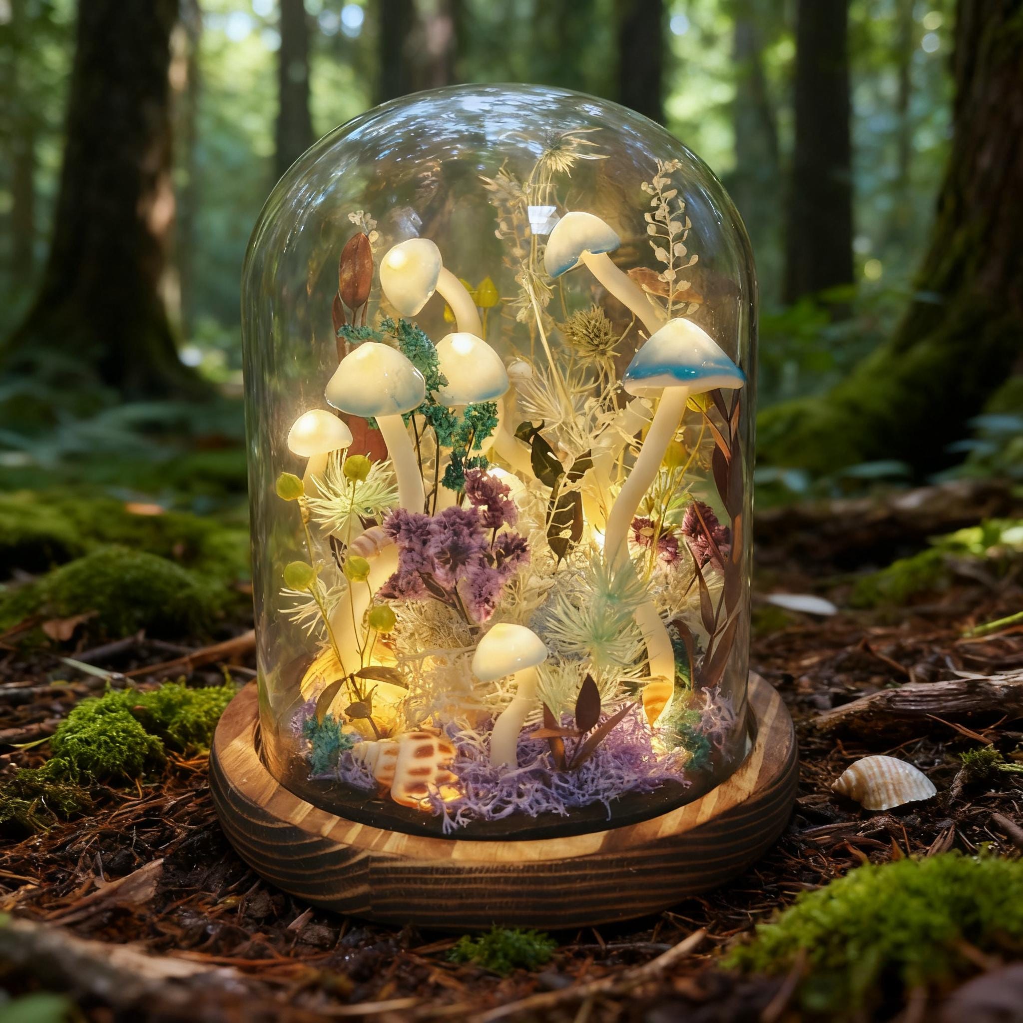 StarlitCarat Handmade Blue Mushroom Lamp With Shell Night Light