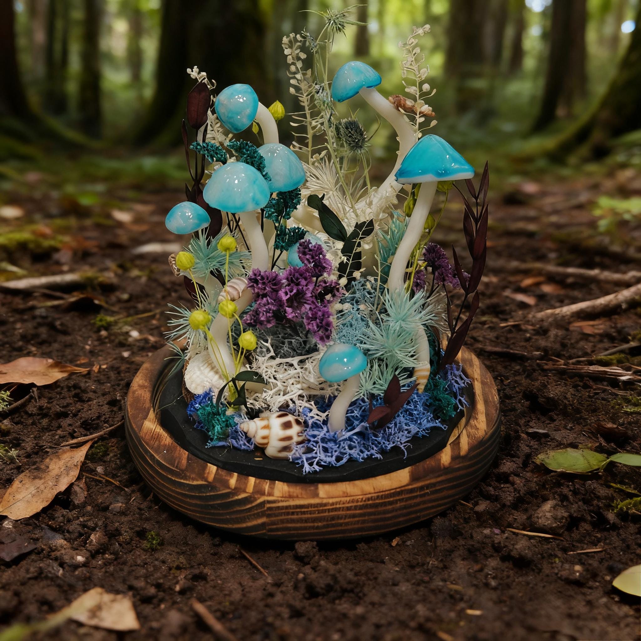 StarlitCarat Handmade Blue Mushroom Lamp With Shell Night Light