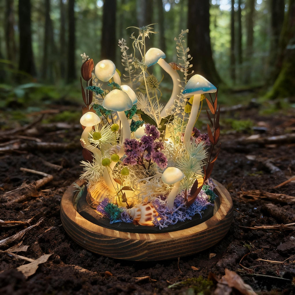 StarlitCarat Handmade Blue Mushroom Lamp With Shell Night Light