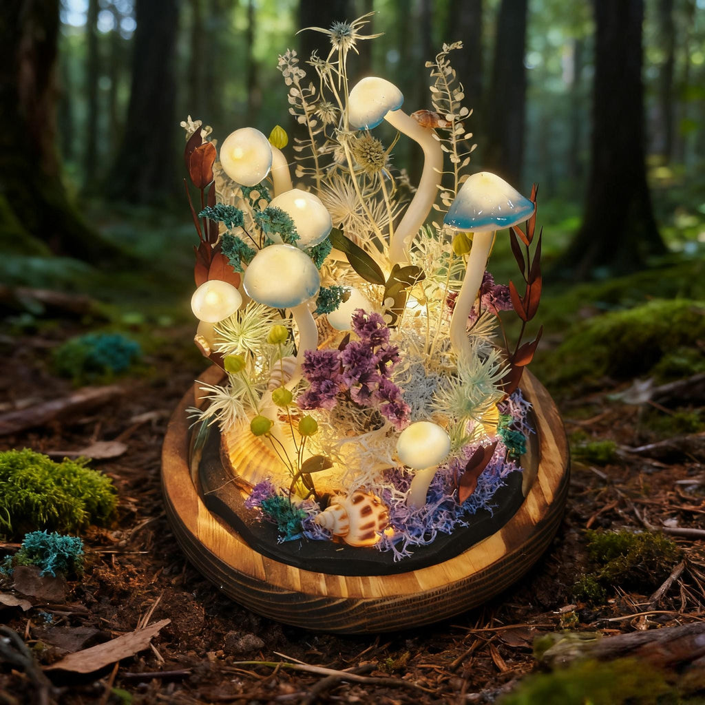 StarlitCarat Handmade Blue Mushroom Lamp With Shell Night Light