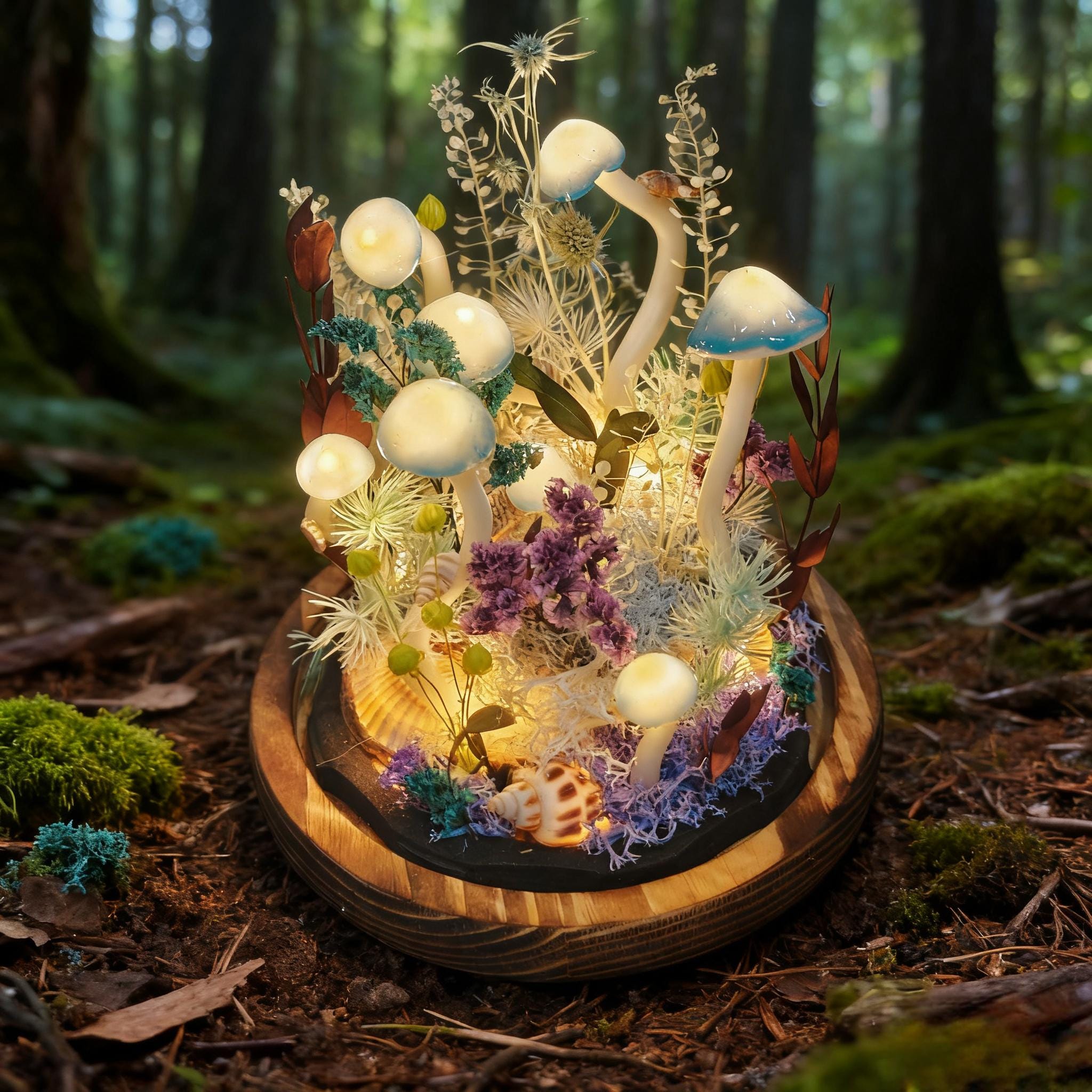 StarlitCarat Handmade Blue Mushroom Lamp With Shell Night Light