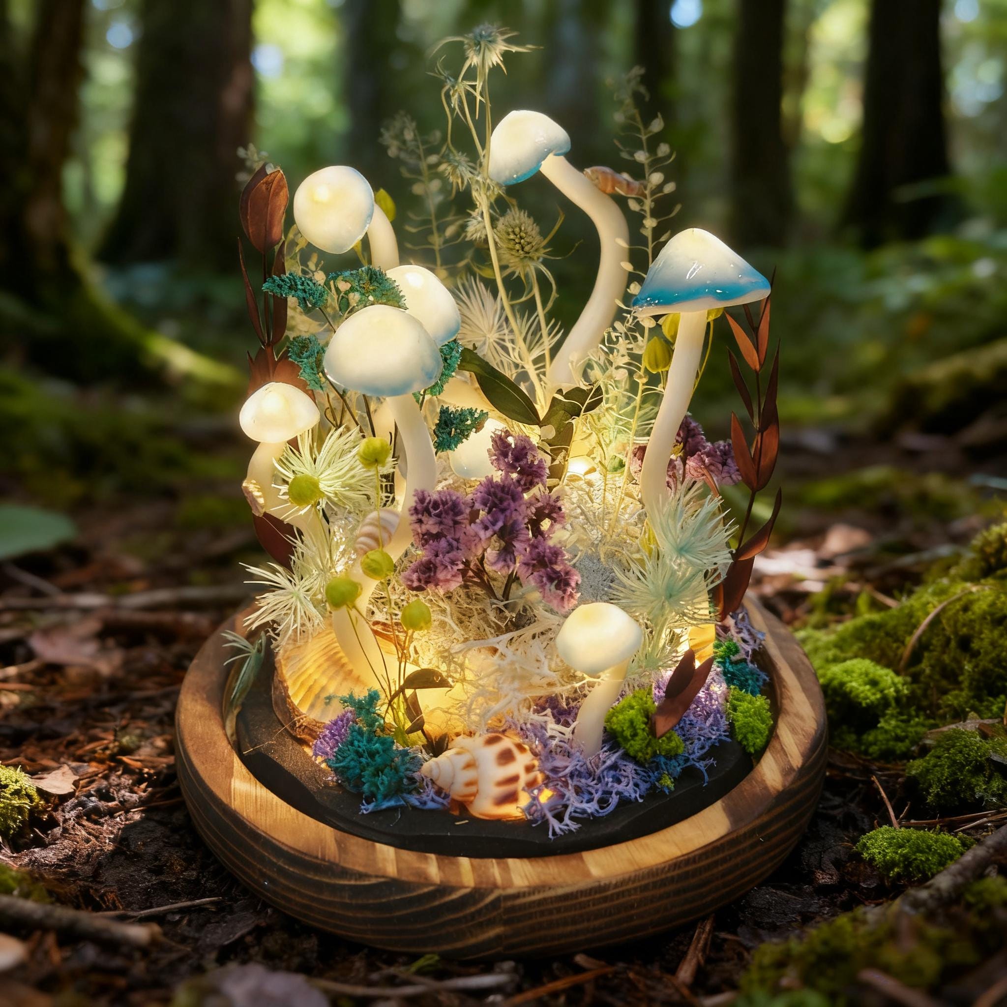 StarlitCarat Handmade Blue Mushroom Lamp With Shell Night Light