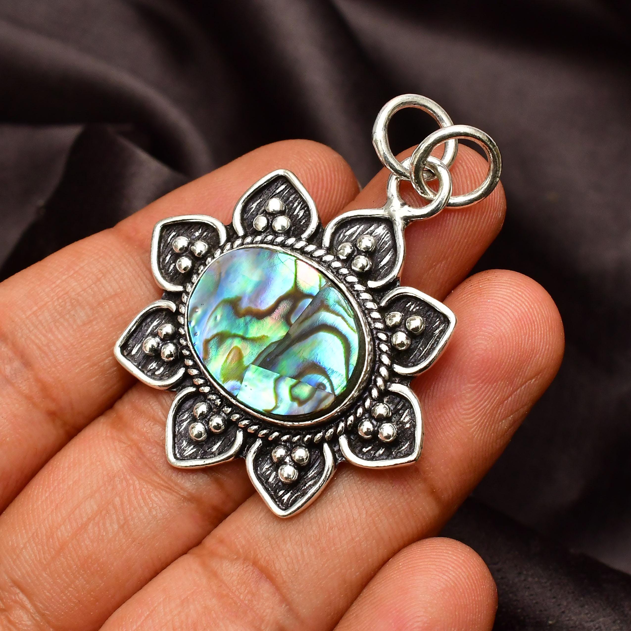 Handmade Abalone Shell 925 Sterling Silver Pendant Necklace