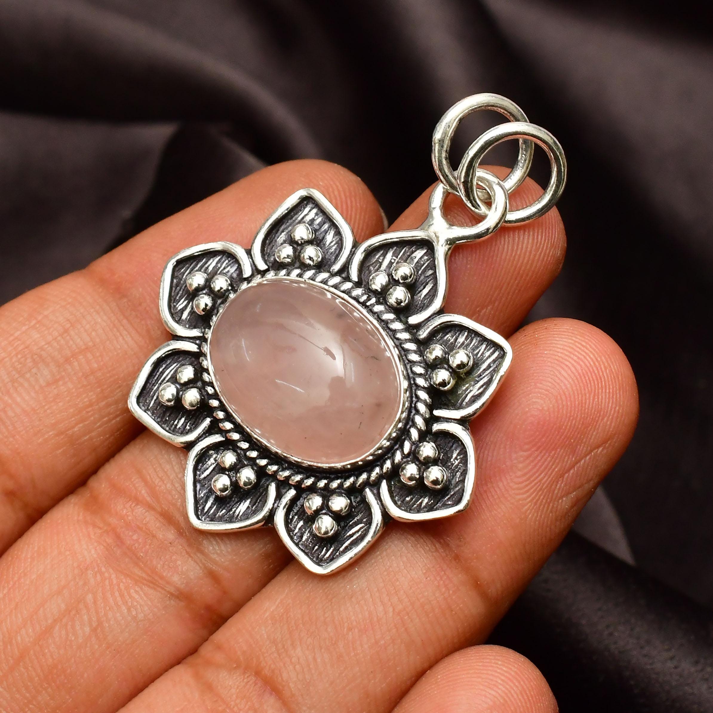 EkkJewels Rose Quartz 925 Sterling Silver Handmade Gemstone Pendant 5cm