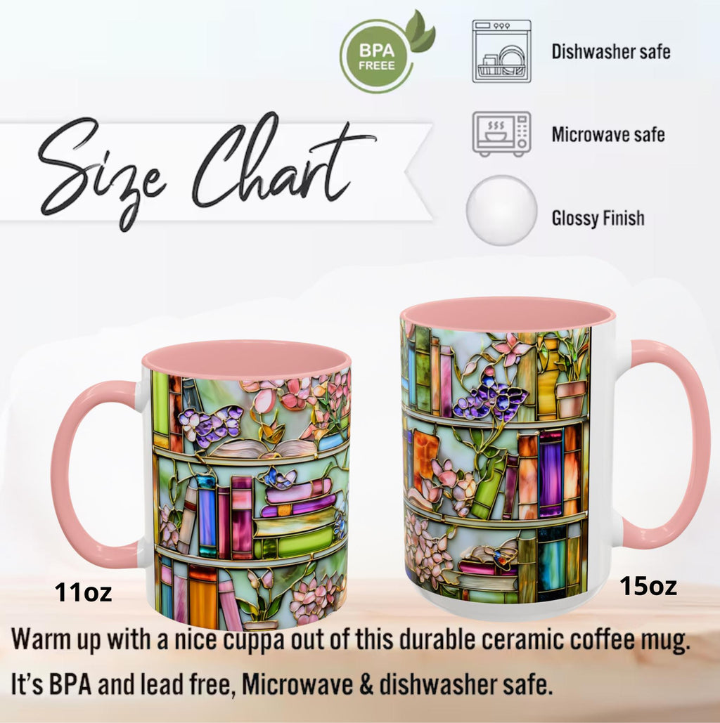 LELORESTORE Floral Bookshelf Coffee Mug Faux Stained Glass Ceramic Book Lover Gift