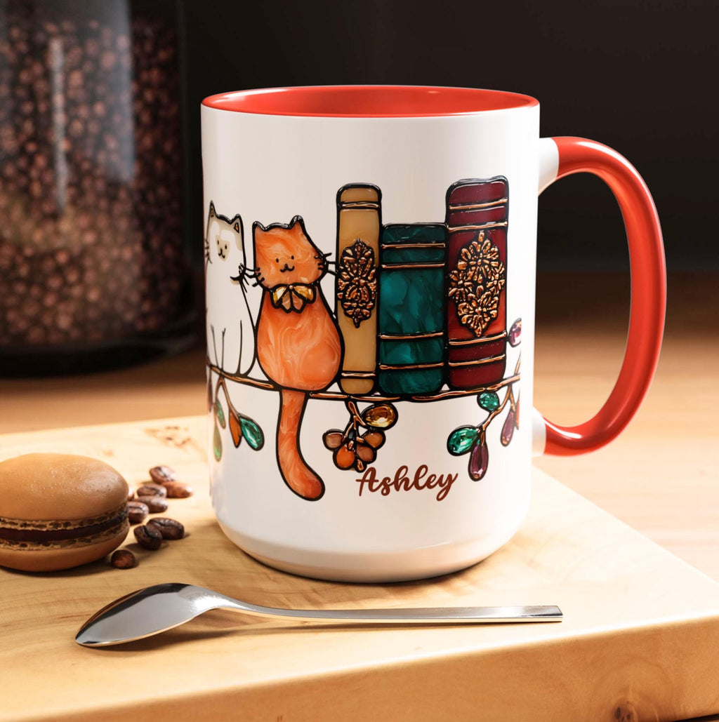 LELORESTORE Bookish Cat Mug Faux Stained Glass Bookshelf Ceramic