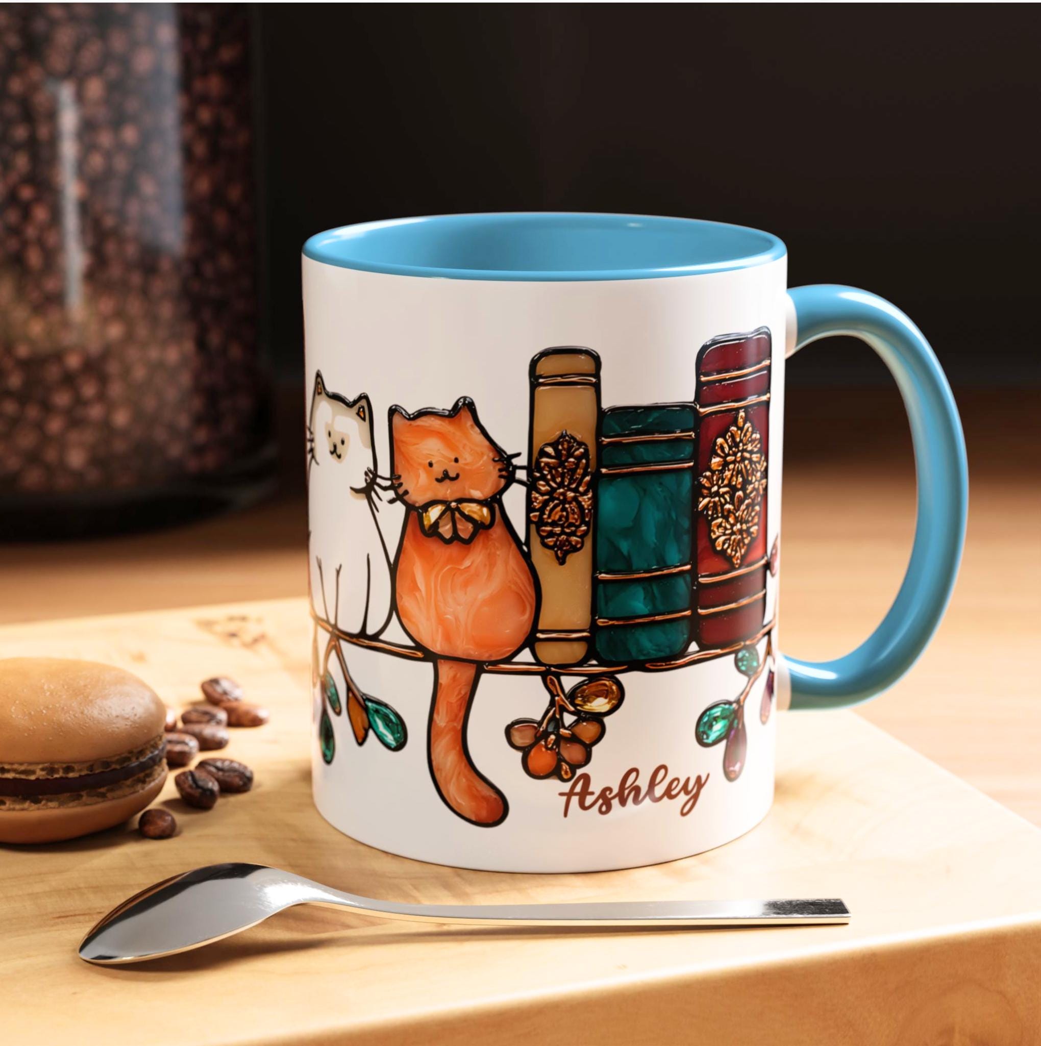 LELORESTORE Bookish Cat Mug Faux Stained Glass Bookshelf Ceramic