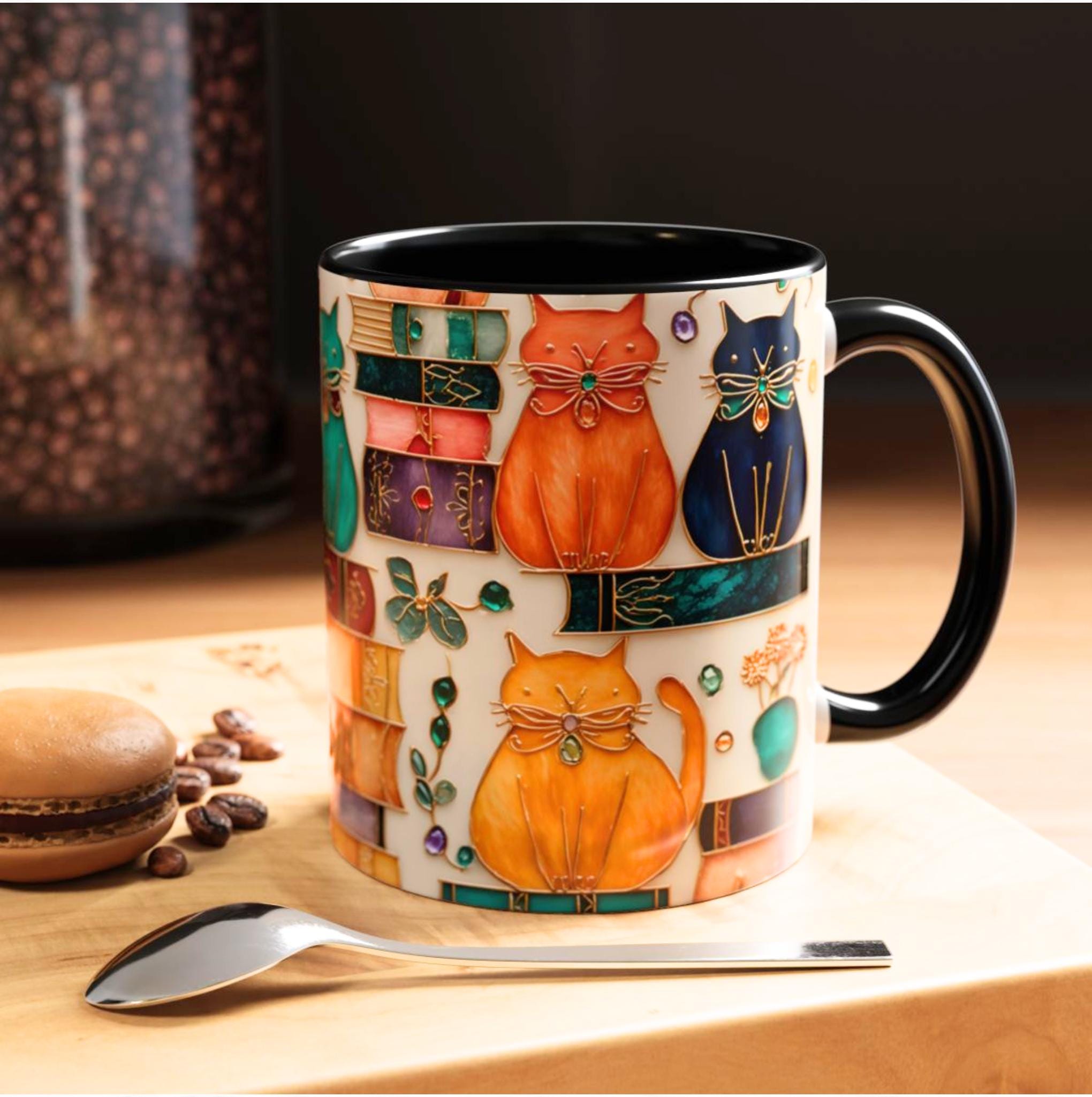 LELORESTORE Stained Glass Look Cat Mug for Book Lovers