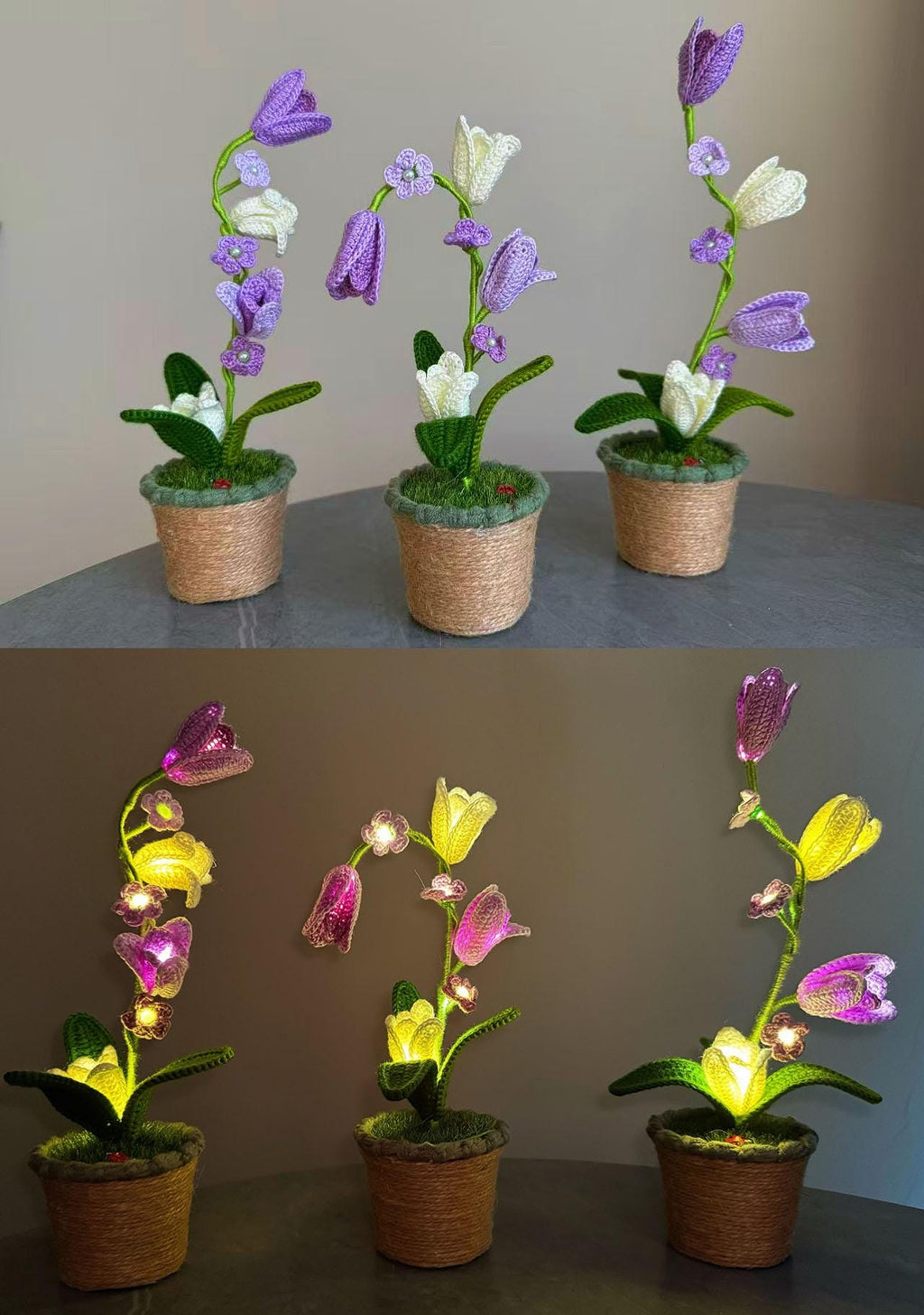 CrochetRecipe Handmade Lily of the Valley Potted Plant LED Lamp 8in White