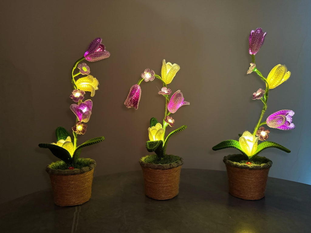 CrochetRecipe Handmade Tulip Mini Potted Plant Light Lamp 8in Pink