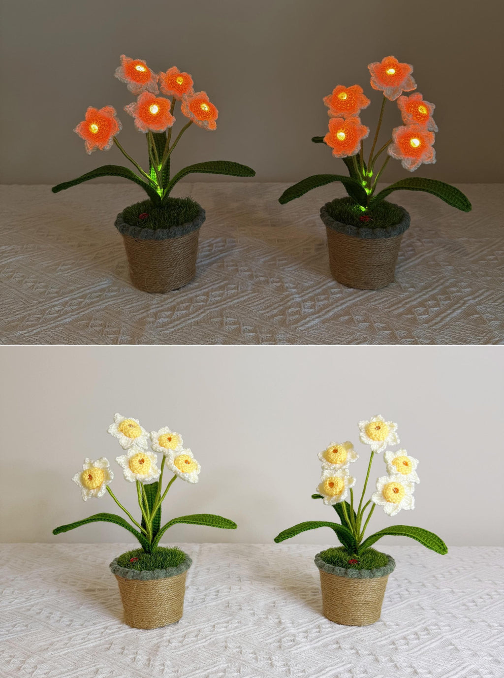 CrochetRecipe Handmade Lily of the Valley Potted Plant LED Lamp 8in White