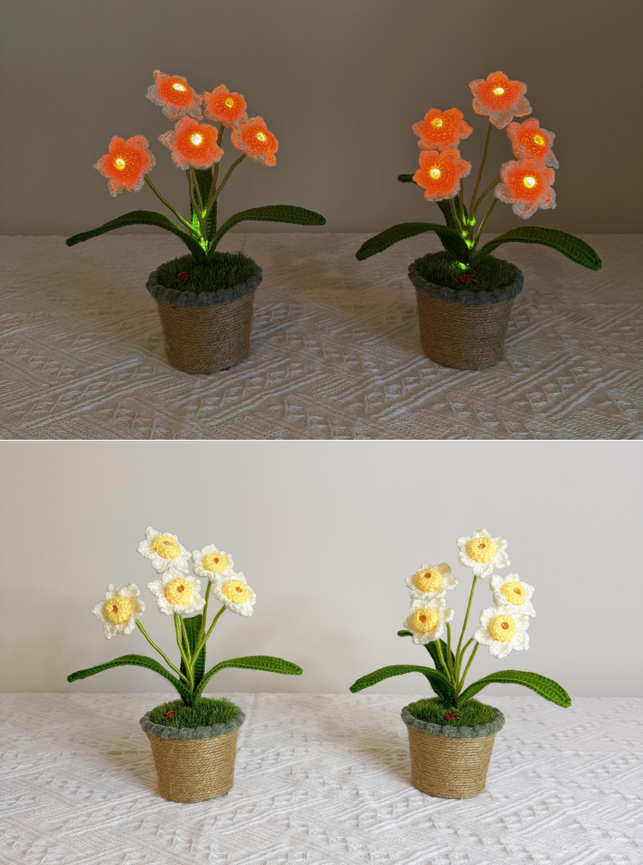 CrochetRecipe Handmade Lily of the Valley Potted Plant LED Lamp 8in White