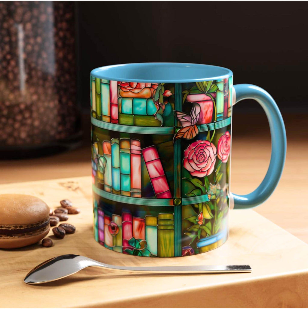 LELORESTORE Floral Bookshelf Faux Stained Glass Ceramic Mug Bookish Gift