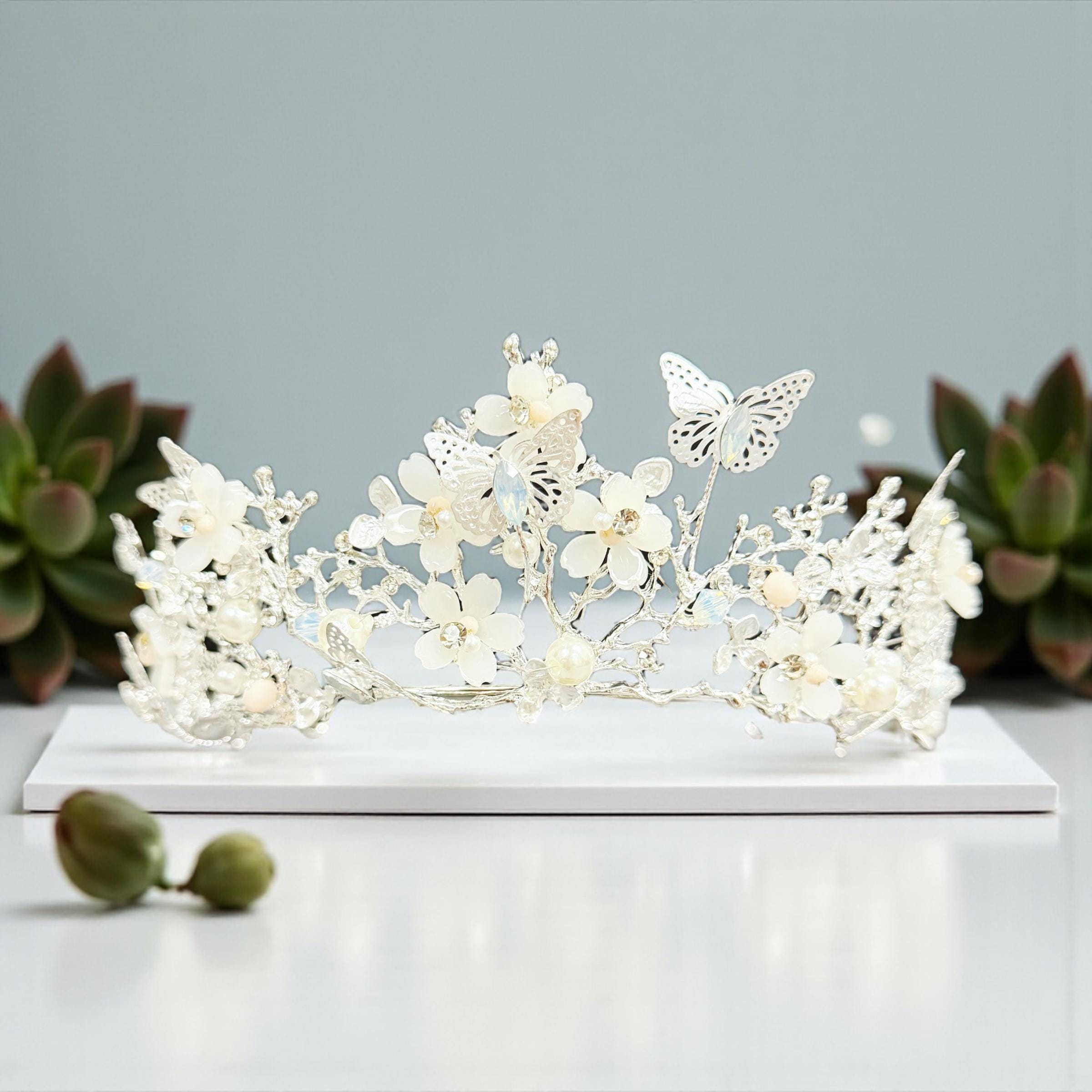 HappyJewelryWorld Silver Butterfly Pearl Crystal Tiara Crown
