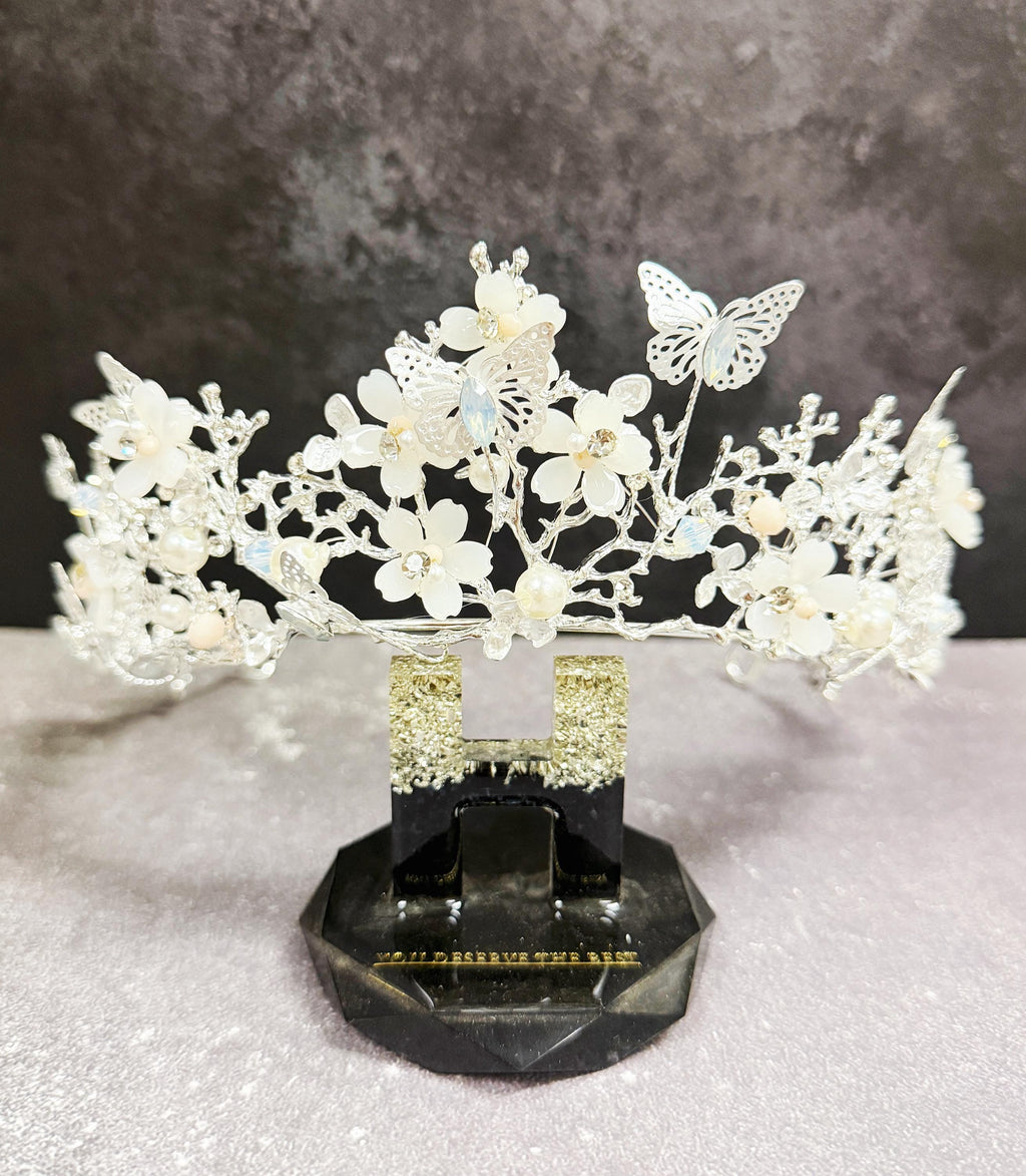 HappyJewelryWorld Silver Butterfly Pearl Crystal Tiara Crown