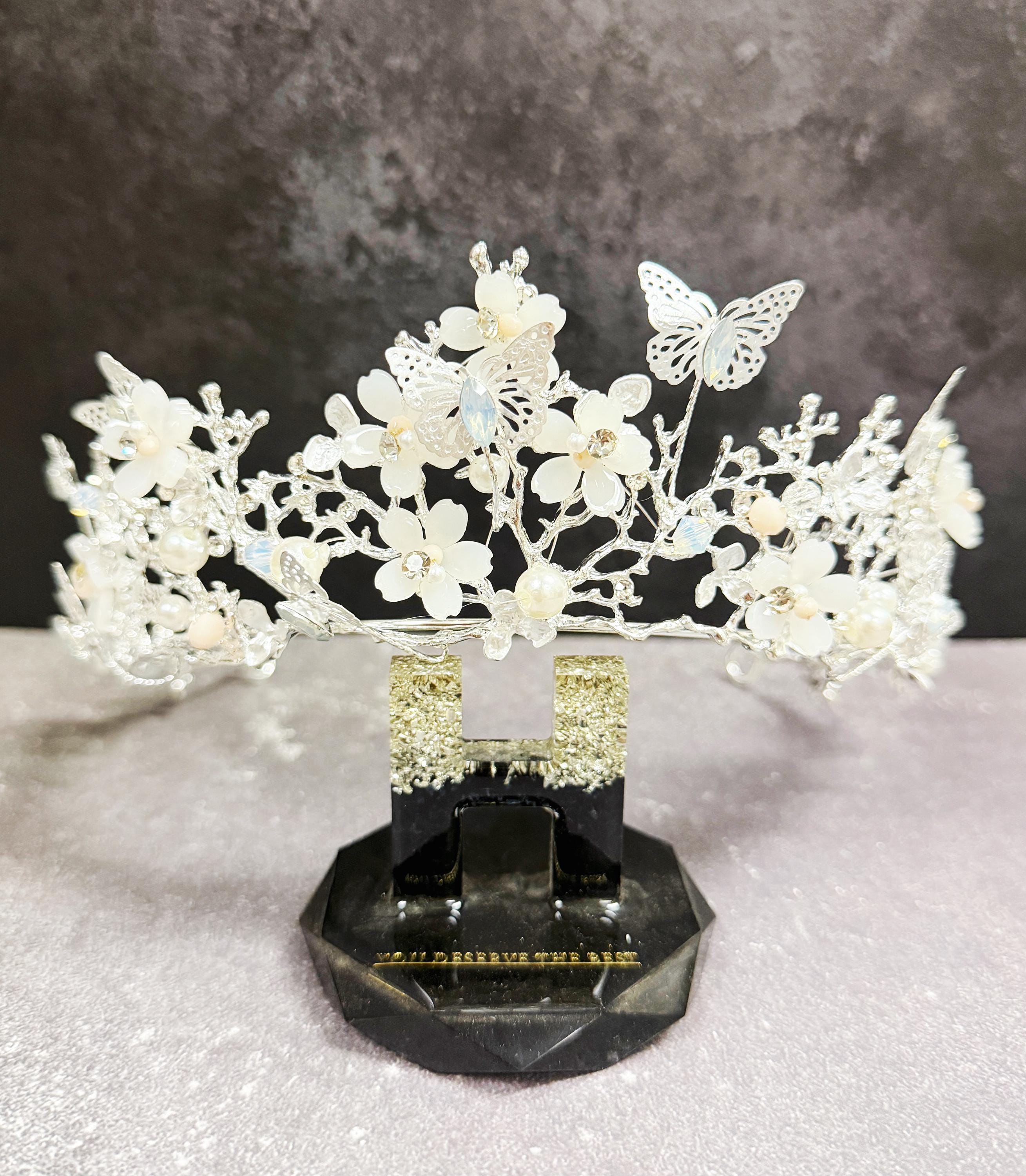 HappyJewelryWorld Silver Butterfly Pearl Crystal Tiara Crown