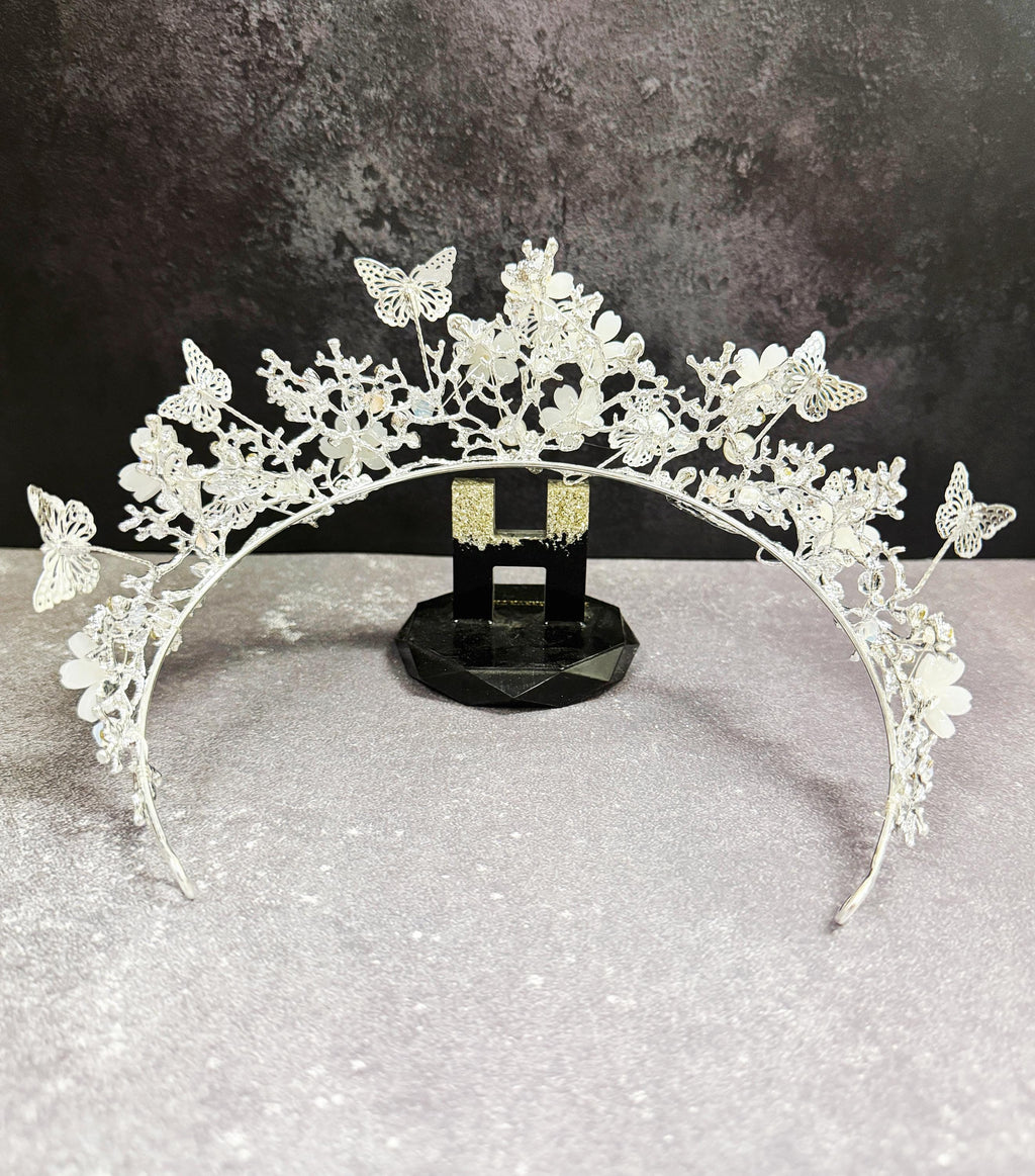 HappyJewelryWorld Silver Butterfly Pearl Crystal Tiara Crown