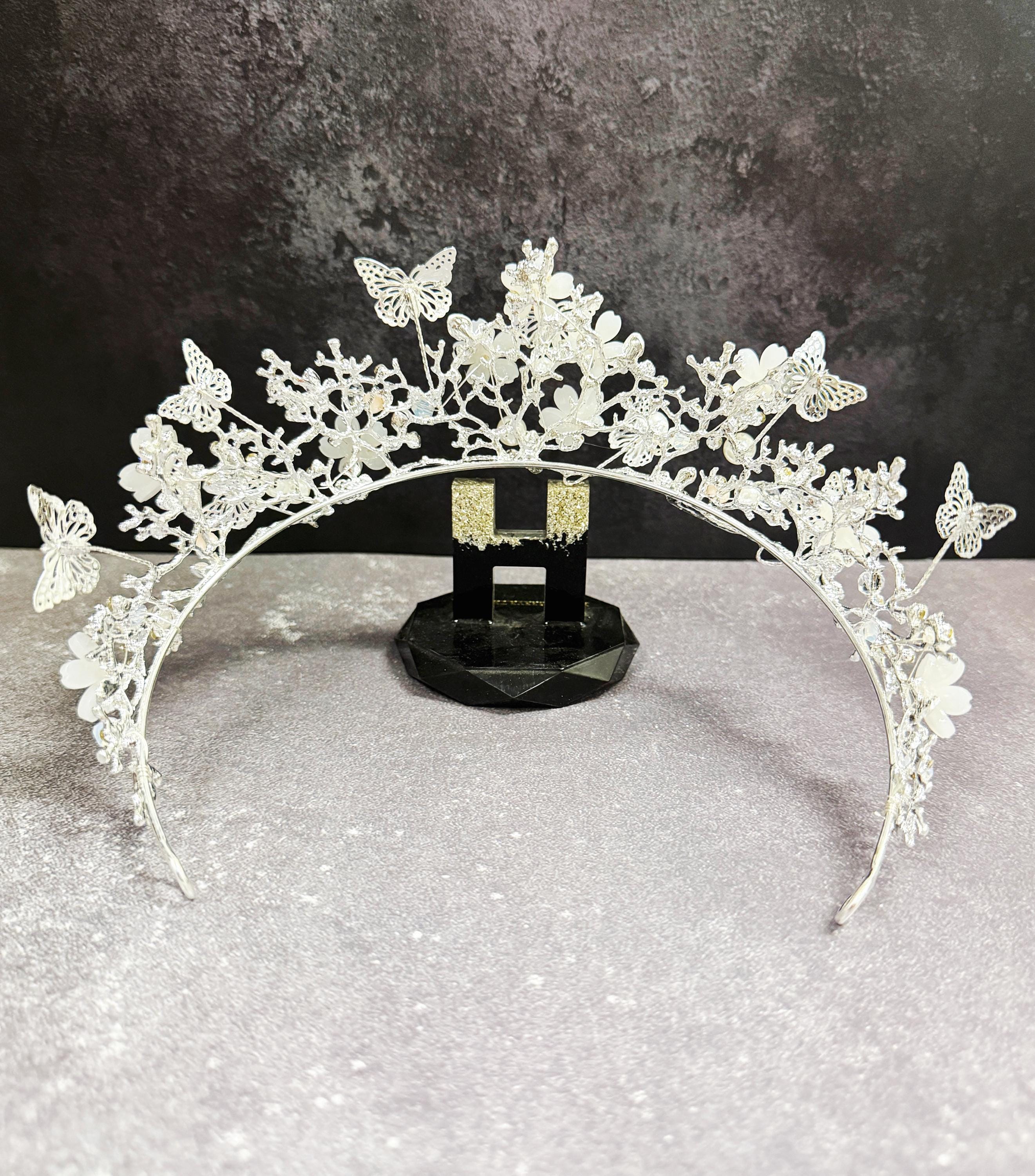 HappyJewelryWorld Silver Butterfly Pearl Crystal Tiara Crown