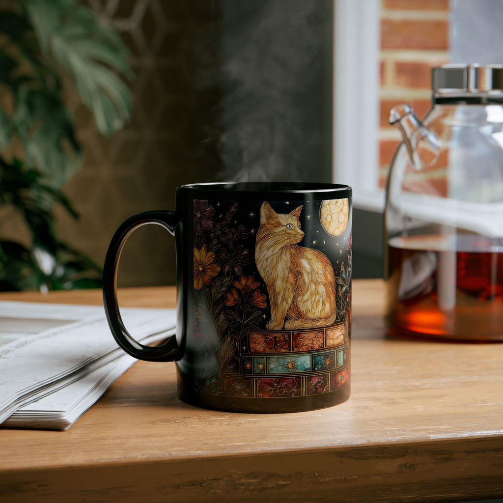 Bookshelf Cat Stained Glass Style Ceramic Mug