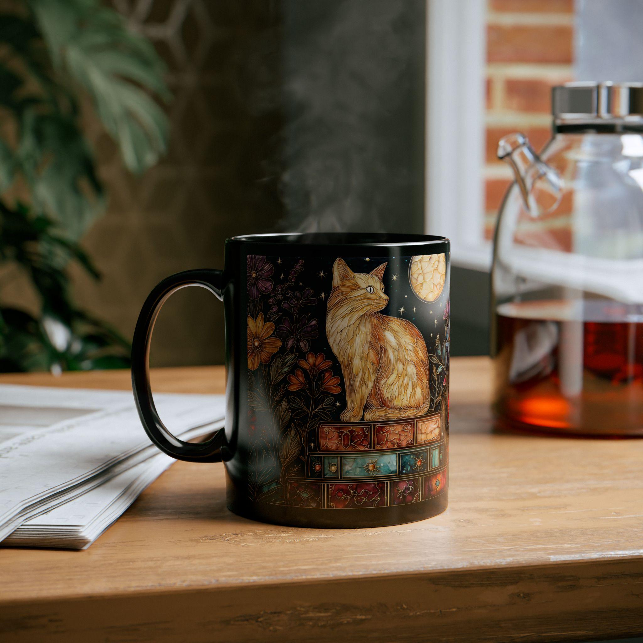 Bookshelf Cat Stained Glass Style Ceramic Mug